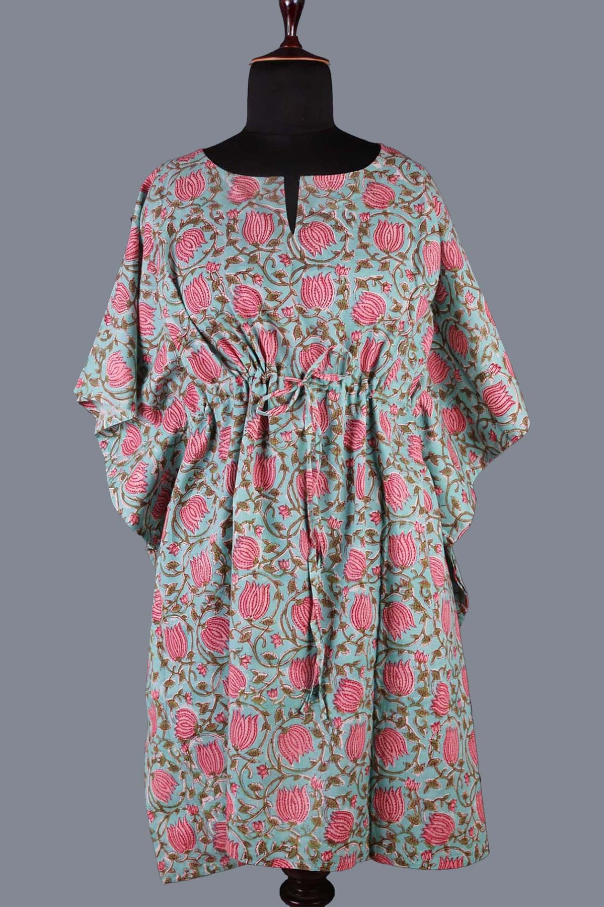 Block Printed Cotton Coverup / Kaftans - Pink Teal Floral