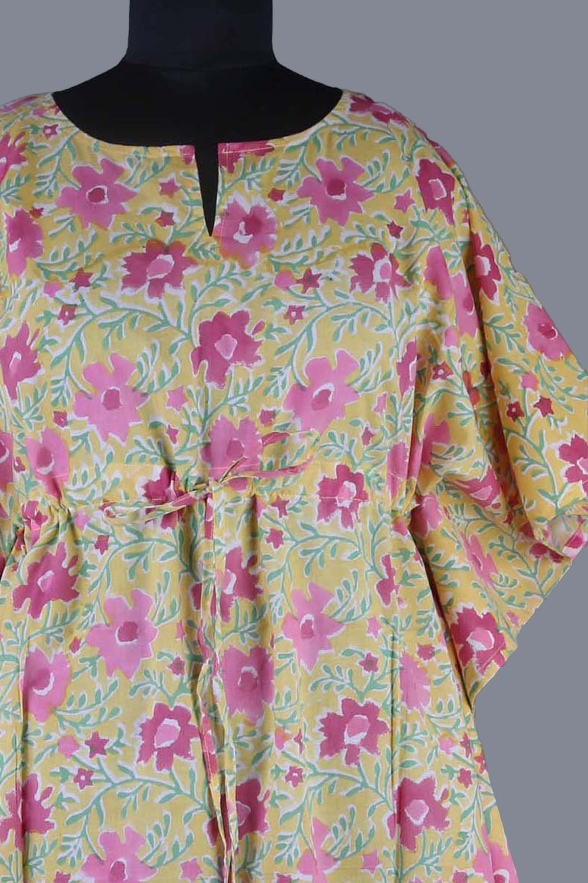 Blockbedruckter Baumwoll-Coverup / Kaftans - Blaue Blätter