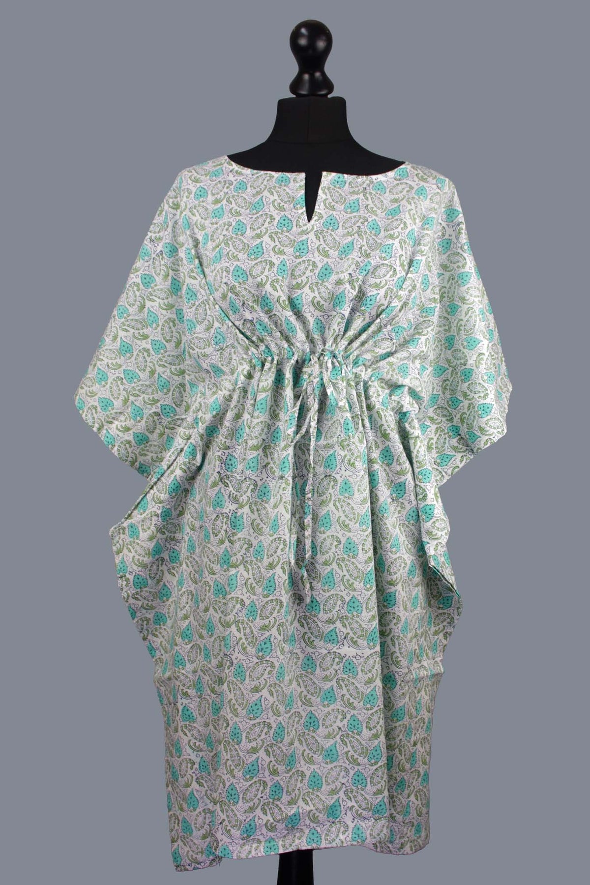 Block Printed Cotton Coverup / Kaftans - Teal Leaves On White