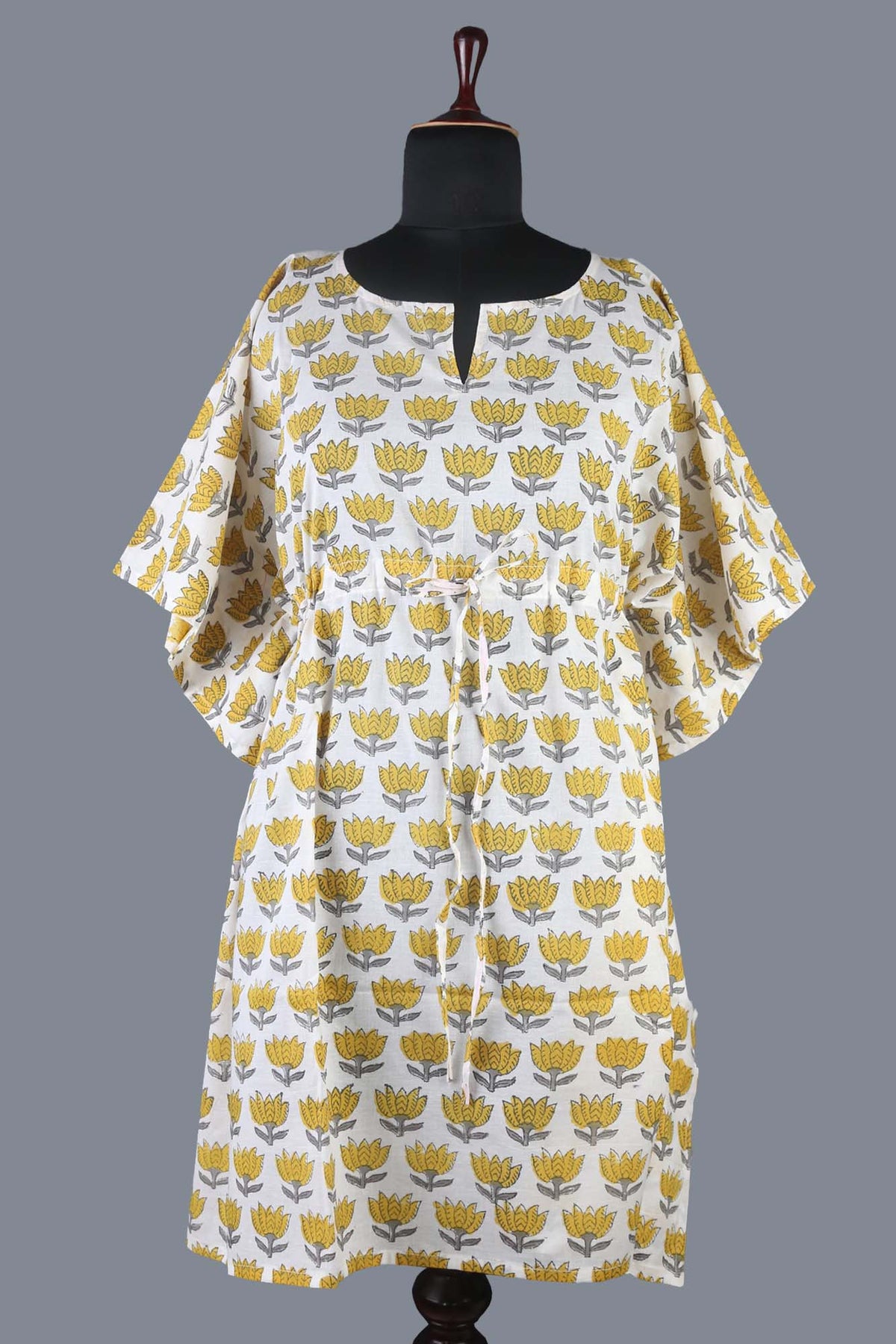 Block Printed Cotton Coverup / Kaftans - Yellow Lotus On White