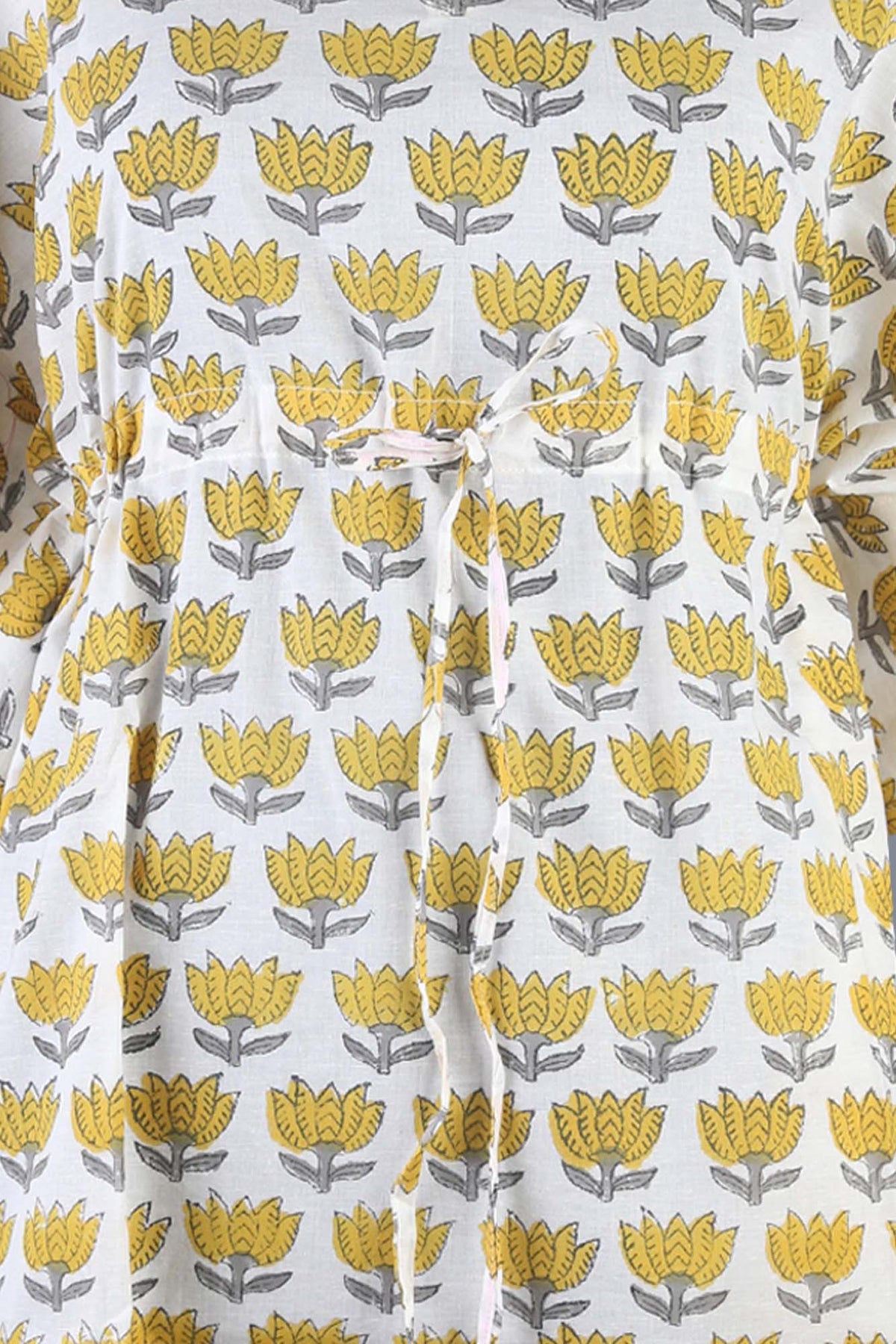Block Printed Cotton Coverup / Kaftans - Yellow Lotus On White