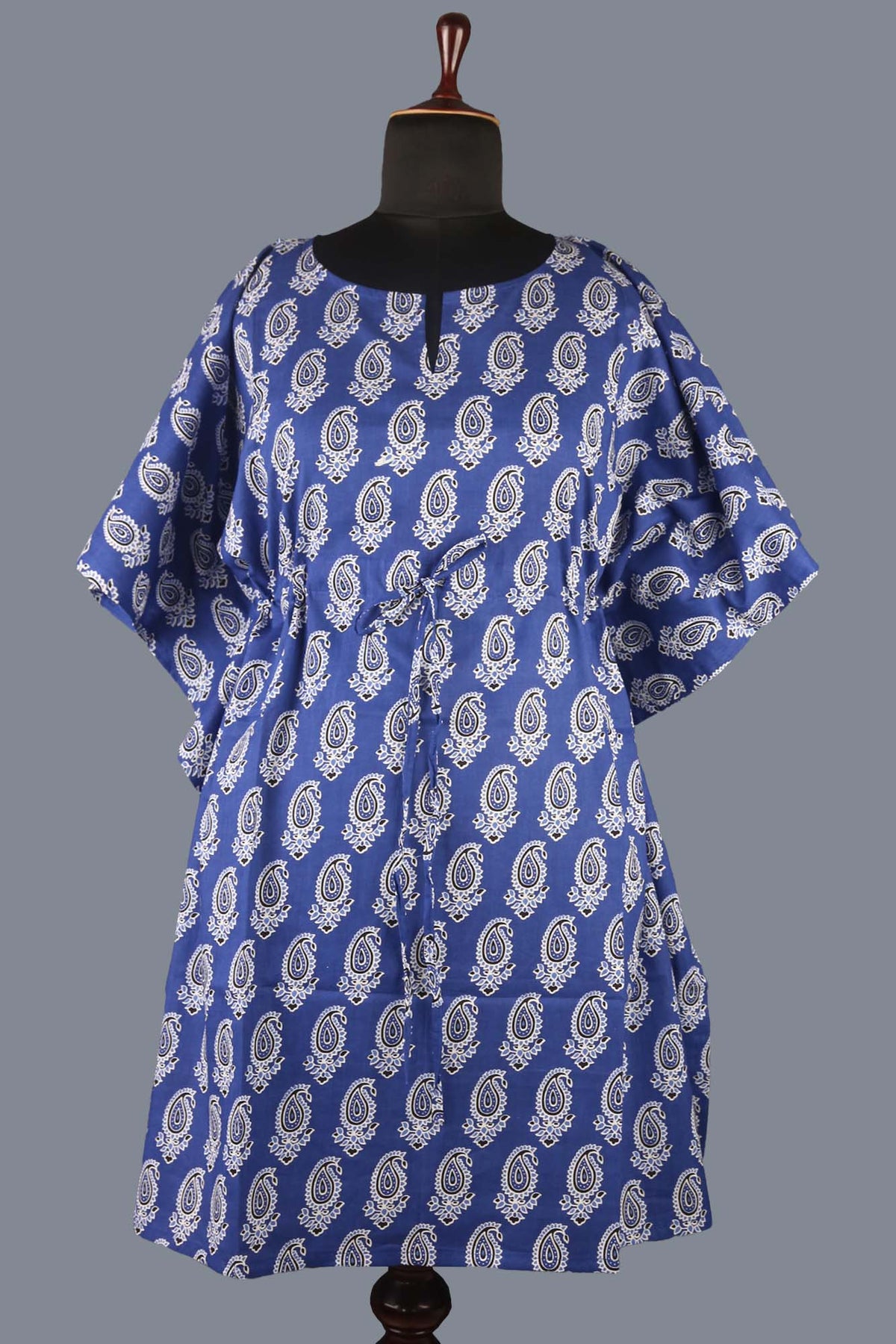 Block Printed Cotton Coverup / Kaftans - Black Paisley On Blue