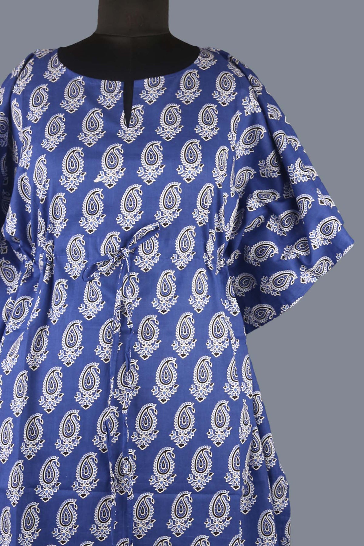 Block Printed Cotton Coverup / Kaftans - Black Paisley On Blue
