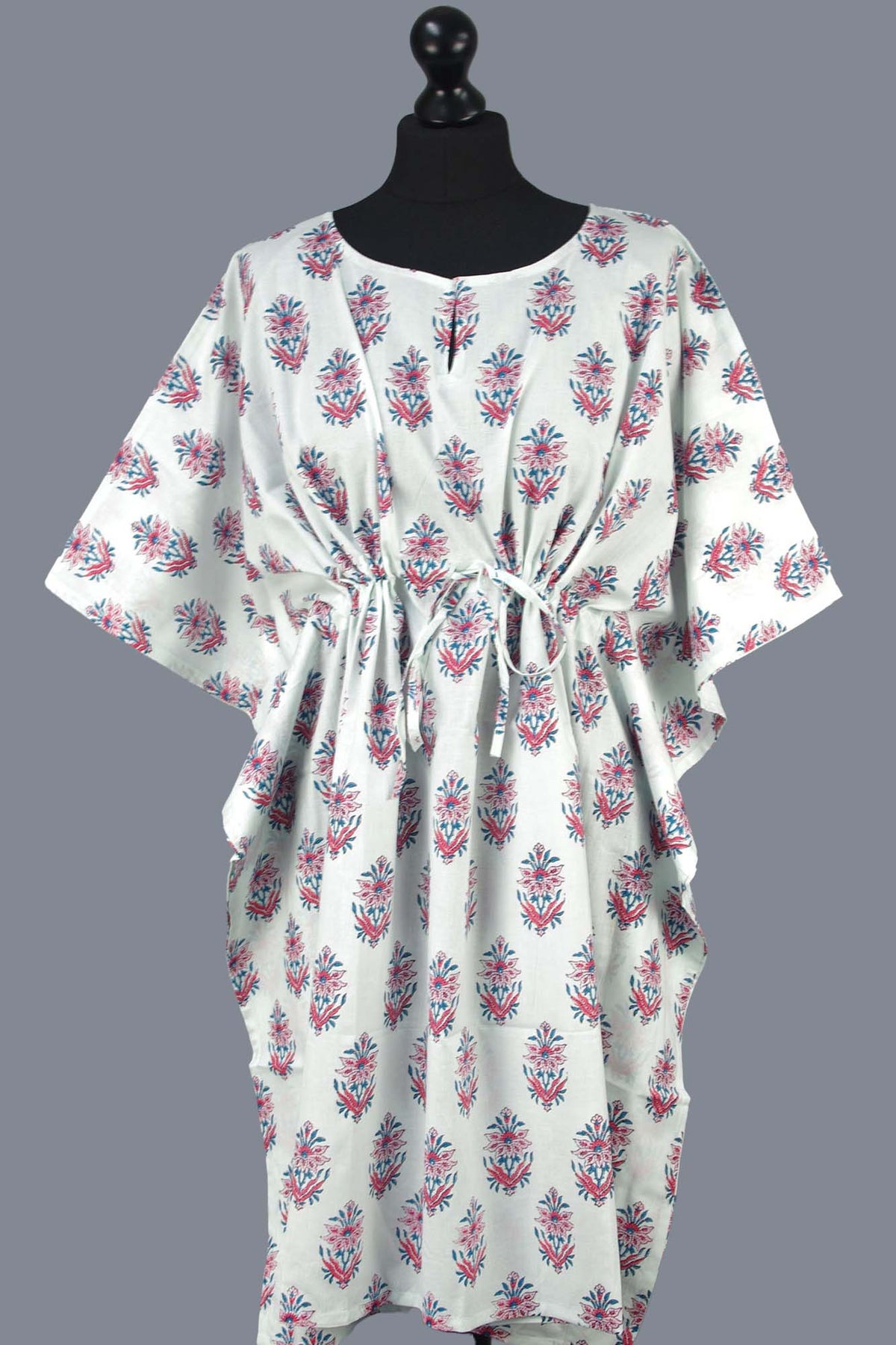 Block Printed Cotton Coverup / Kaftans - Pink Motif On White