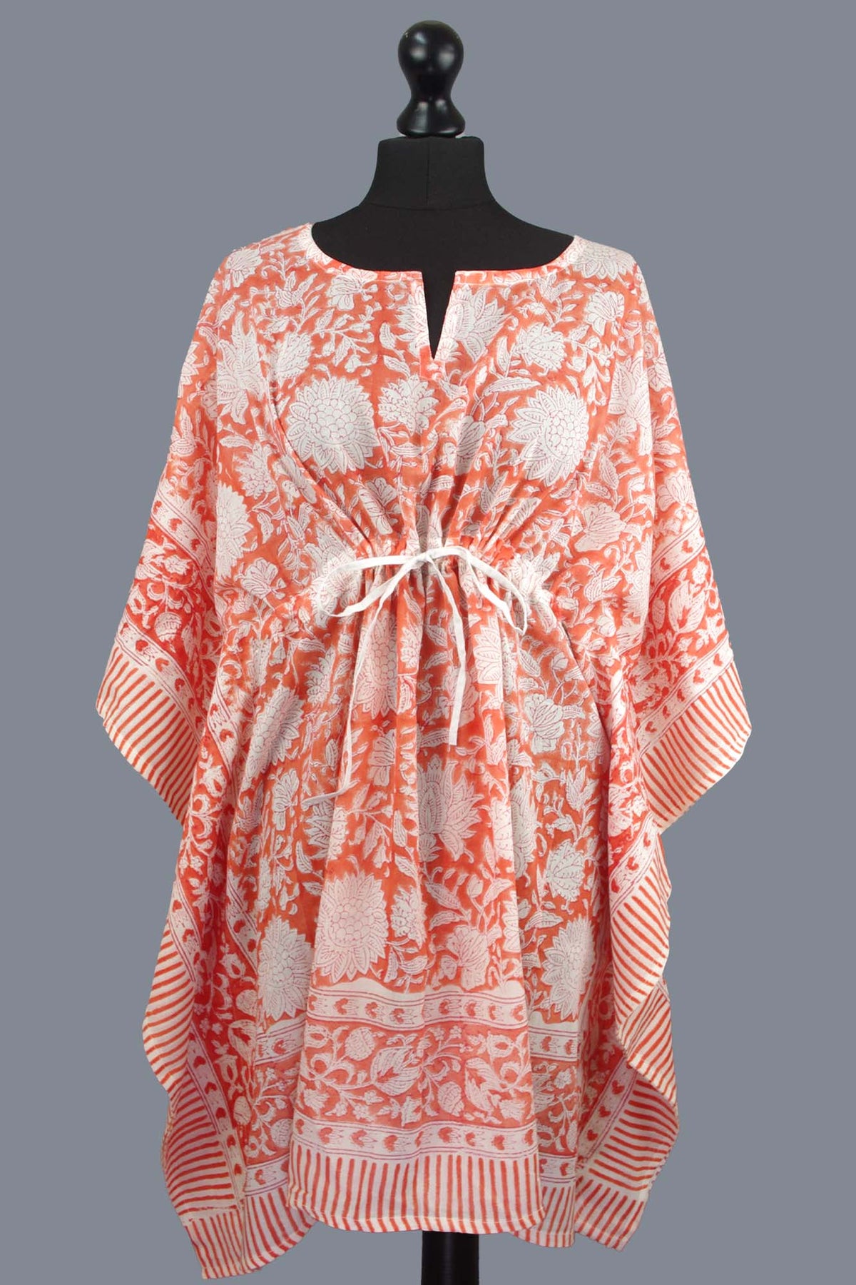 Blockbedruckter Baumwoll-Coverup / Kaftans - Blaue Blätter