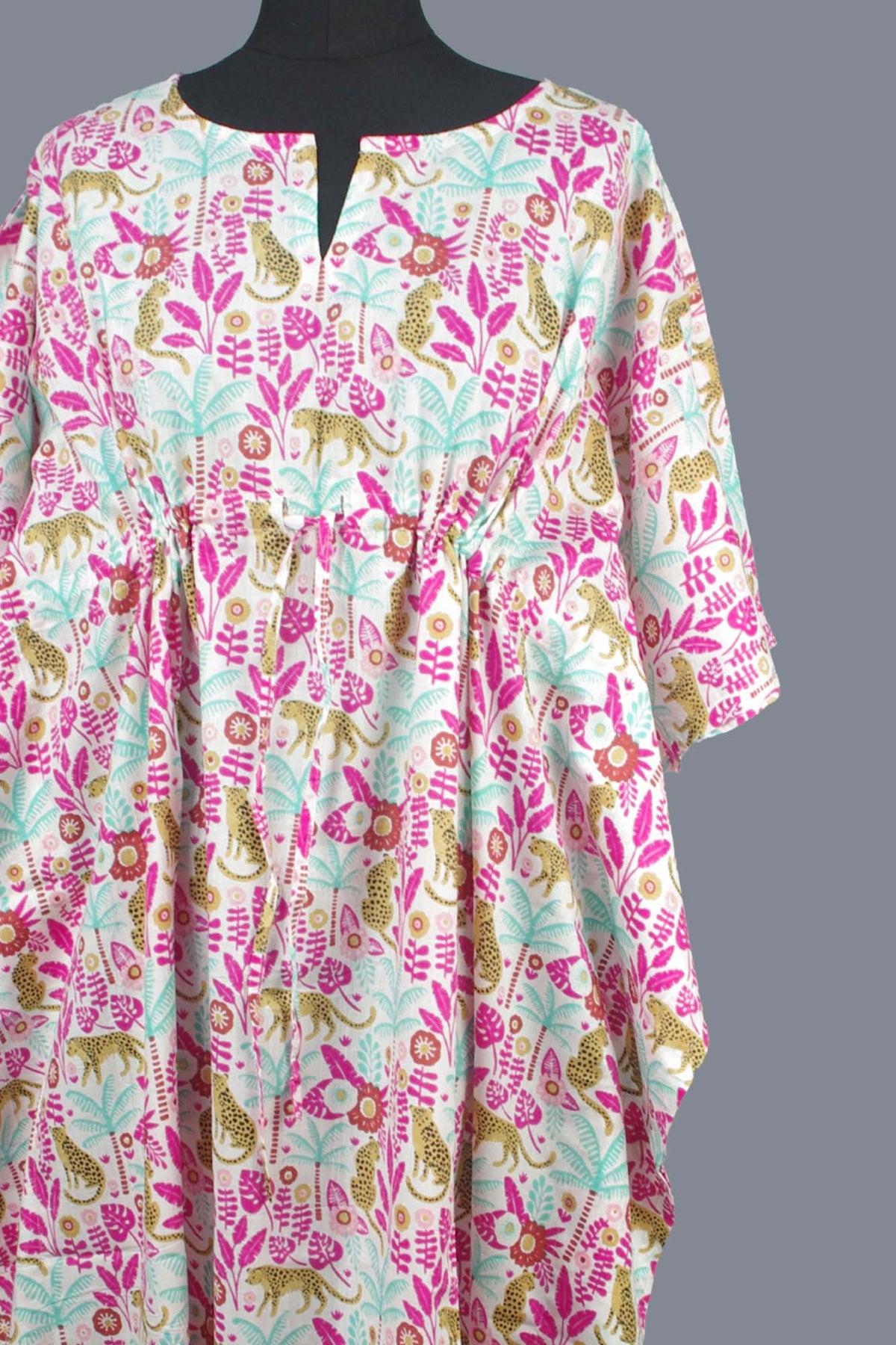 Blockbedruckter Baumwoll-Coverup / Kaftans - Blaue Blätter