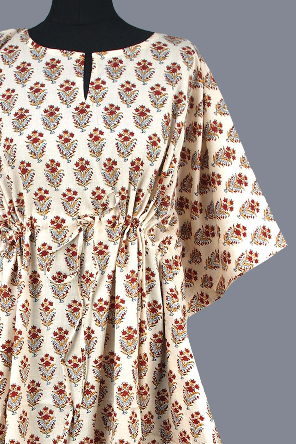Cotton Long Kaftan - Red Motif On Cream Base