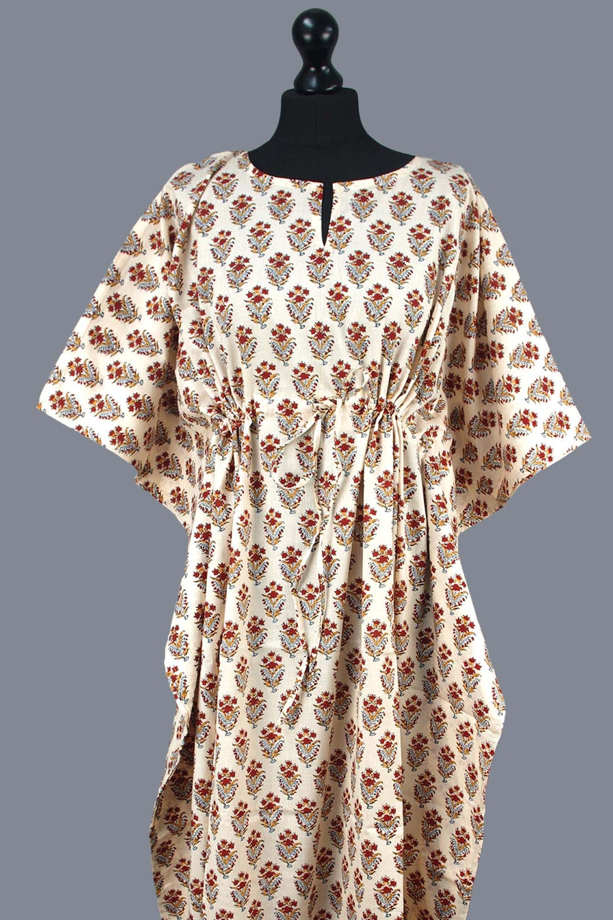 Cotton Long Kaftan - Red Motif On Cream Base