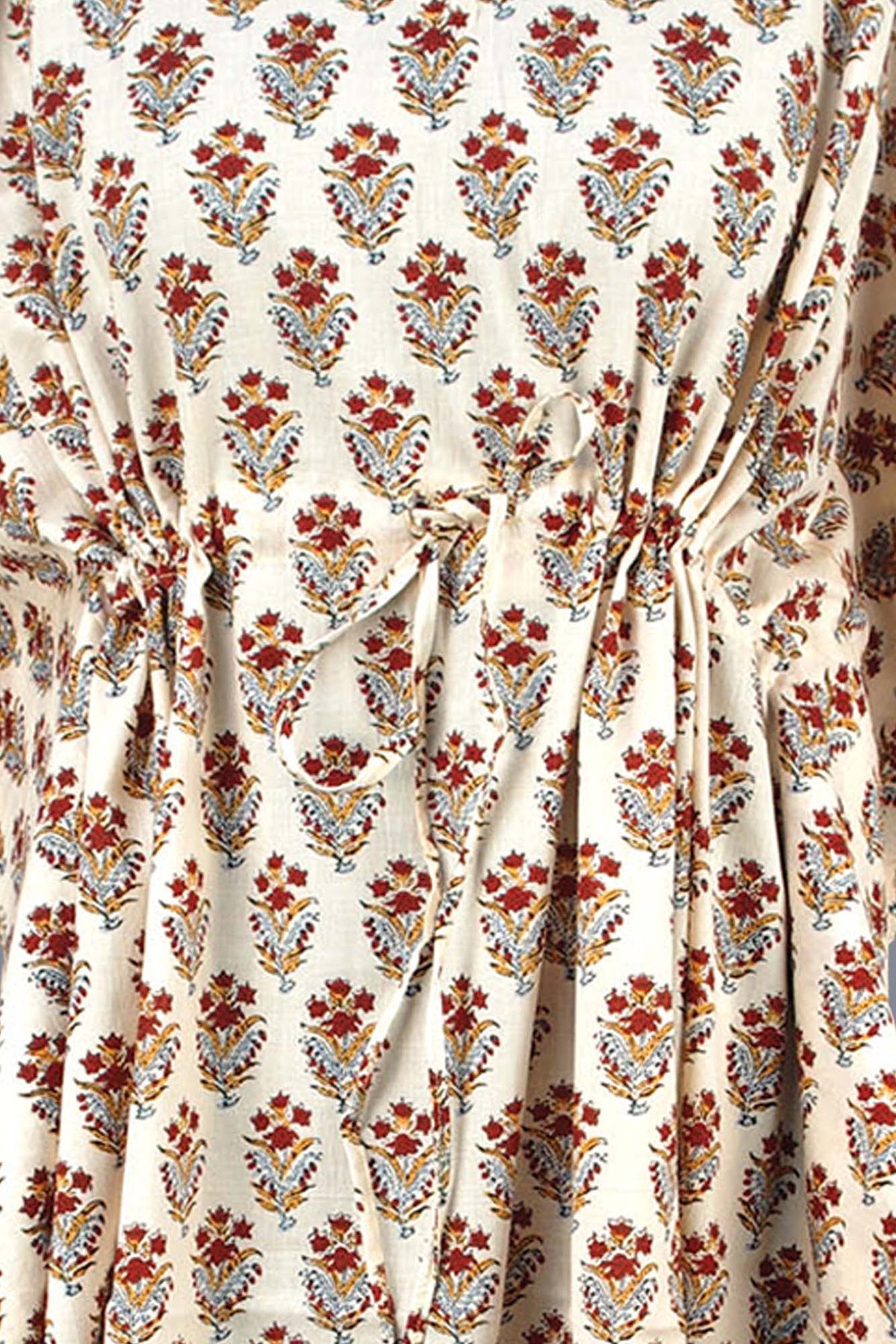 Cotton Long Kaftan - Red Motif On Cream Base