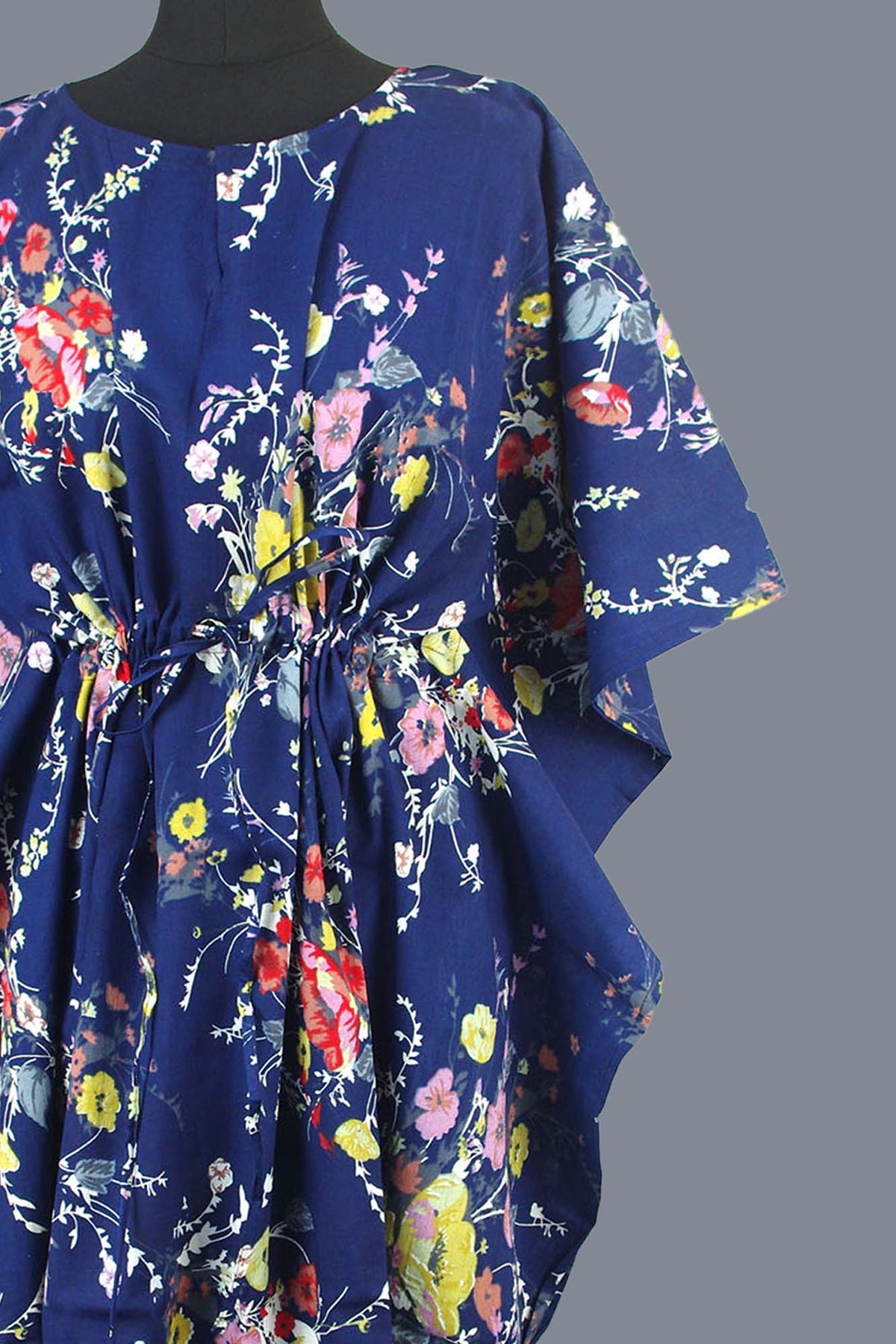 Blockbedruckter Baumwoll-Coverup / Kaftans - Blaue Blätter