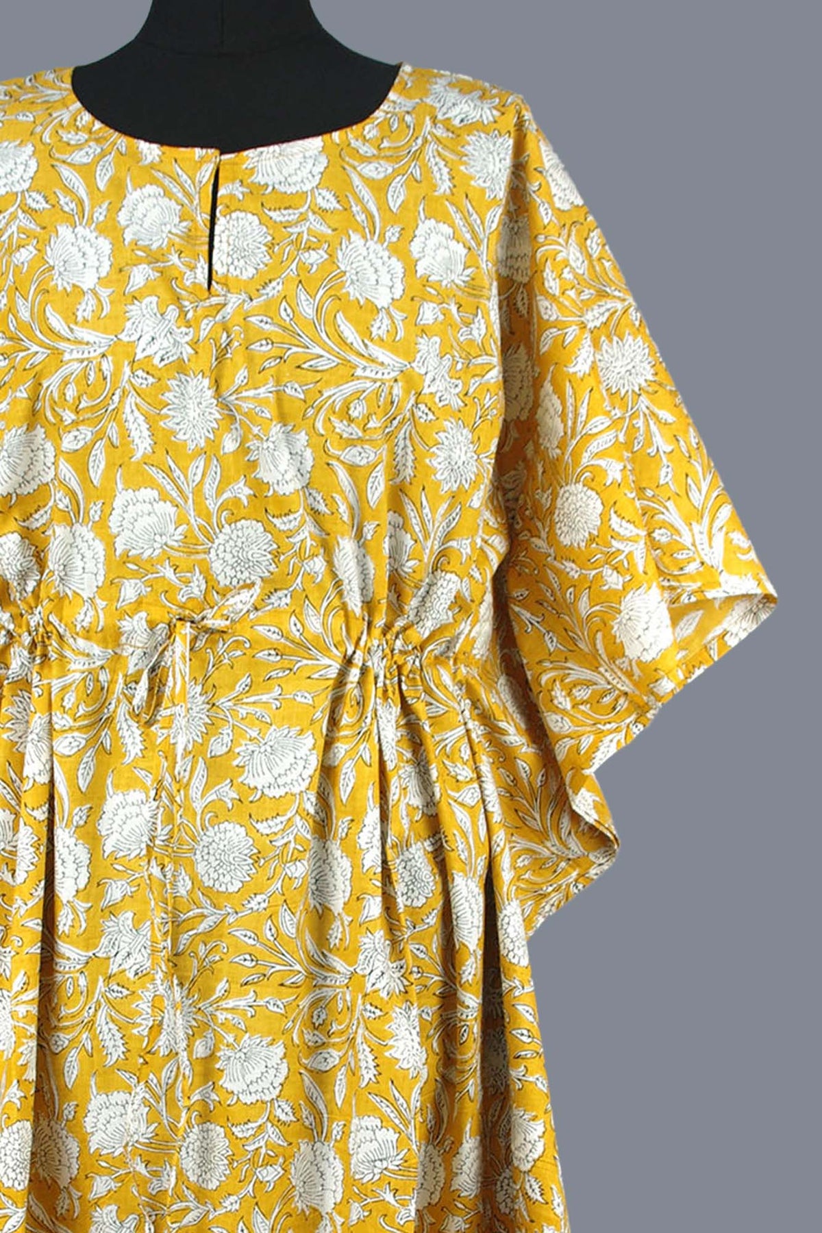 Blockbedruckter Baumwoll-Coverup / Kaftans - Blaue Blätter