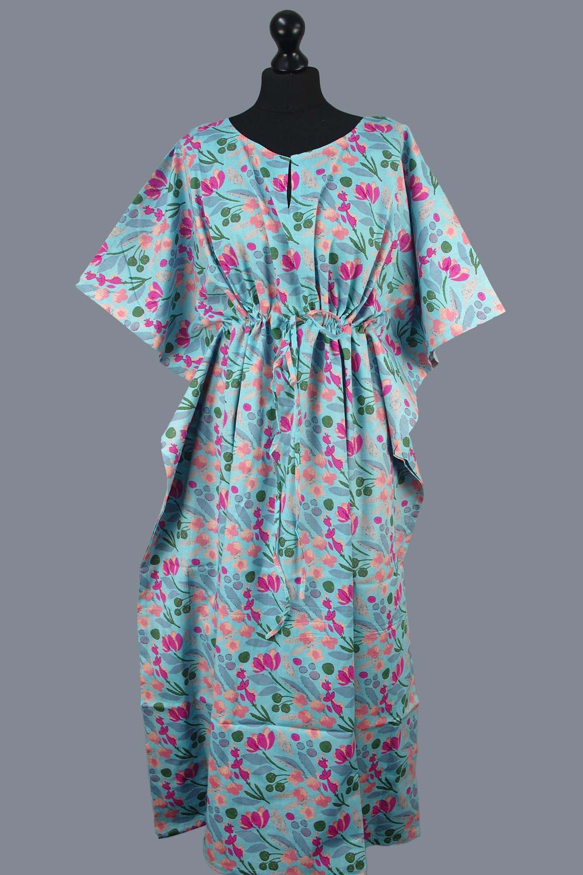 Blockbedruckter Baumwoll-Coverup / Kaftans - Blaue Blätter