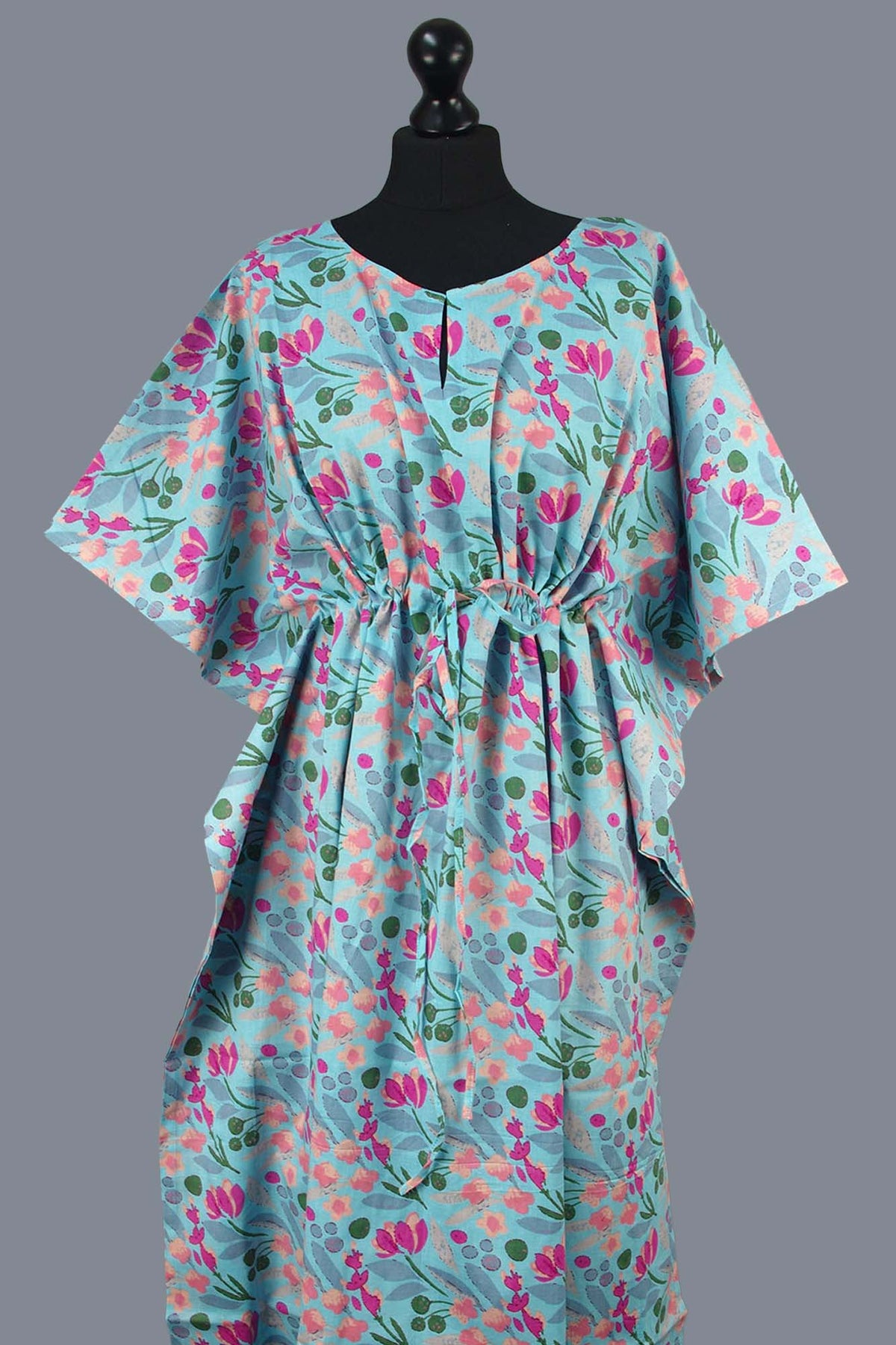 Blockbedruckter Baumwoll-Coverup / Kaftans - Blaue Blätter