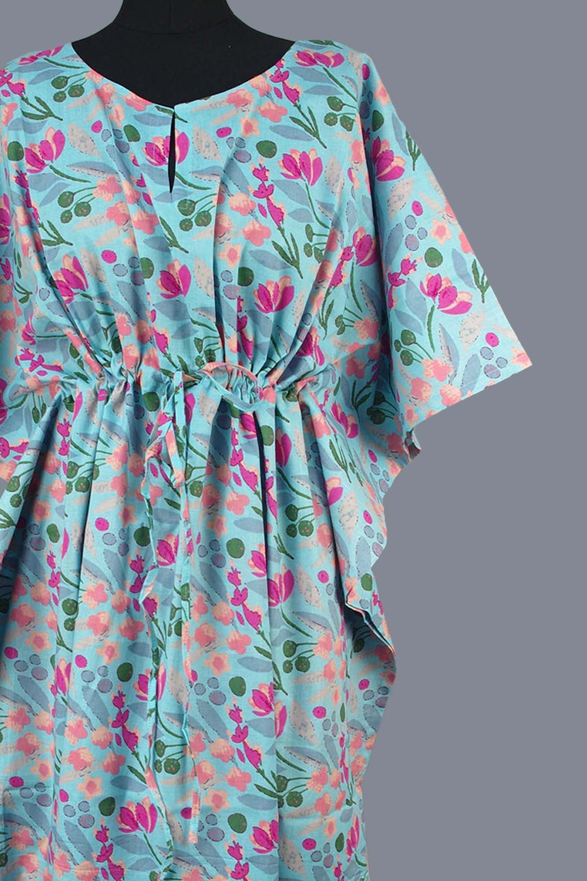 Blockbedruckter Baumwoll-Coverup / Kaftans - Blaue Blätter