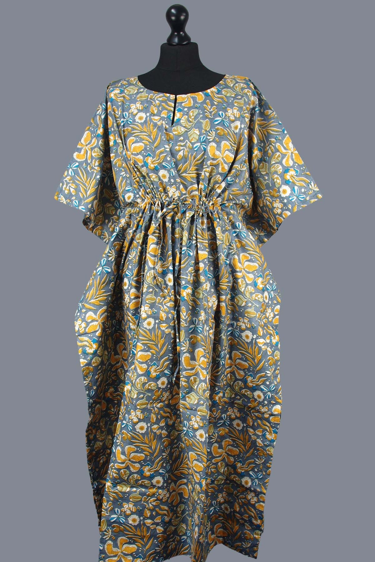 Blockbedruckter Baumwoll-Coverup / Kaftans - Blaue Blätter