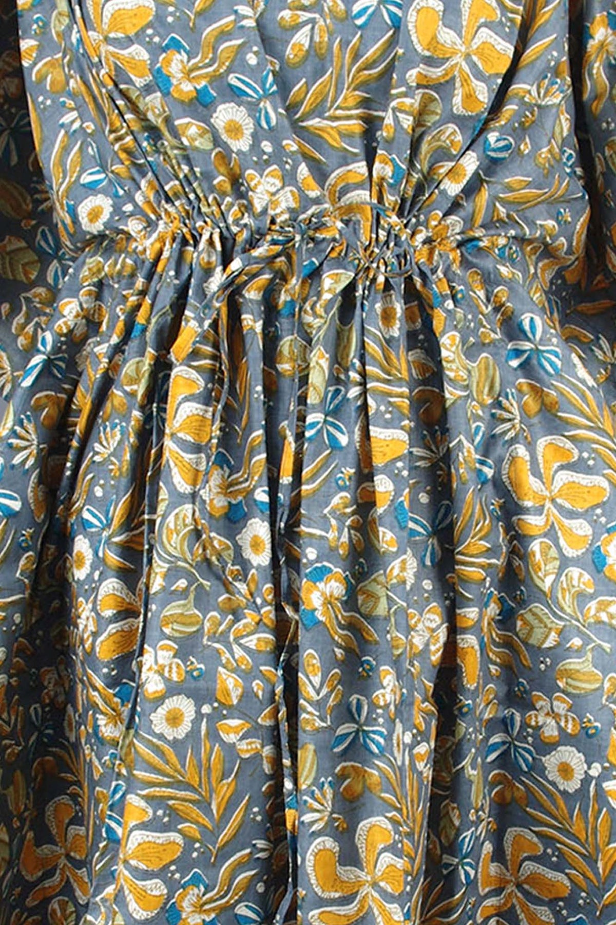 Cotton Long Kaftan - Yellow Floral On Grey Base