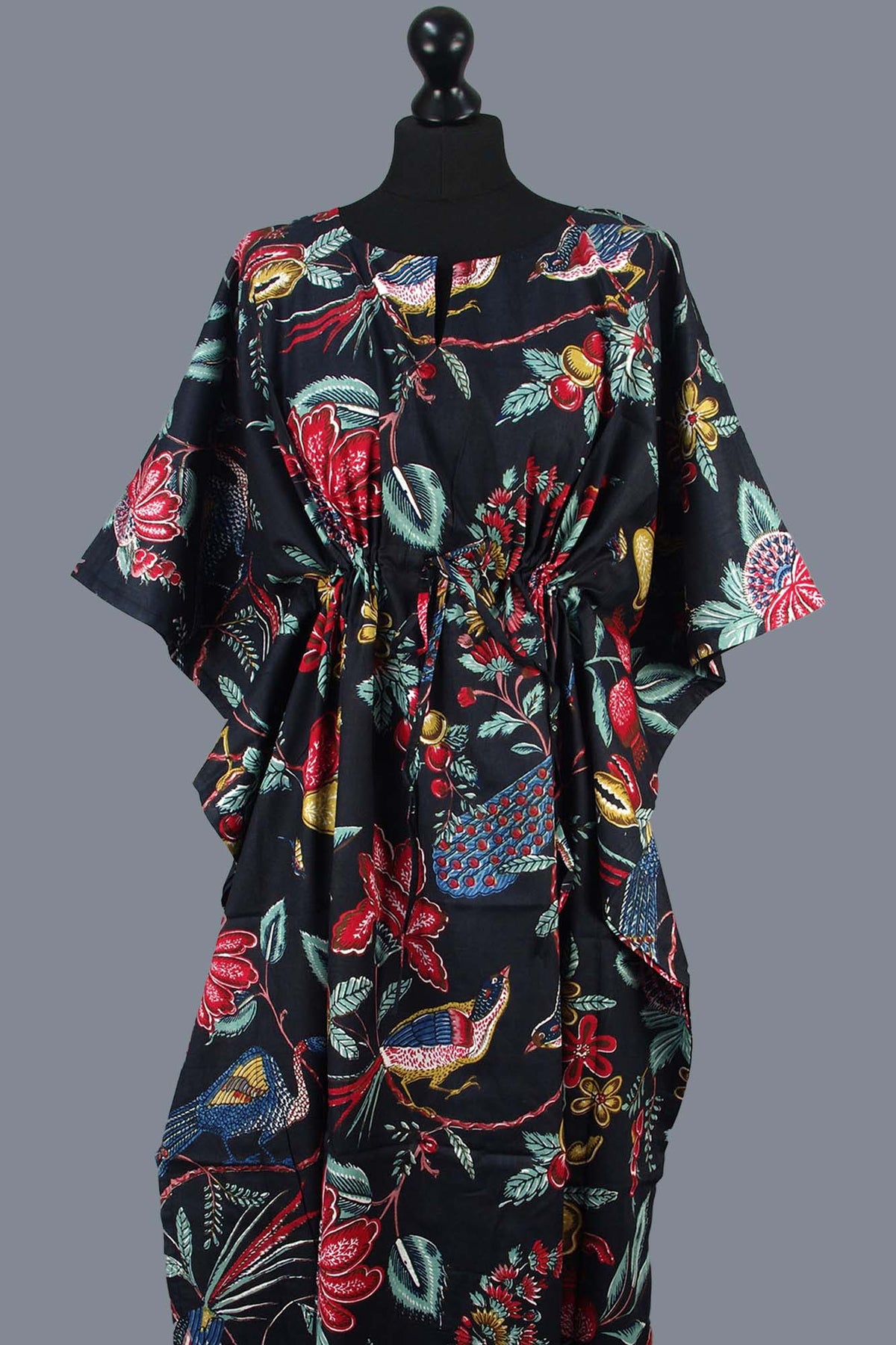 Cotton Long Kaftan - Peacock Prints On Black