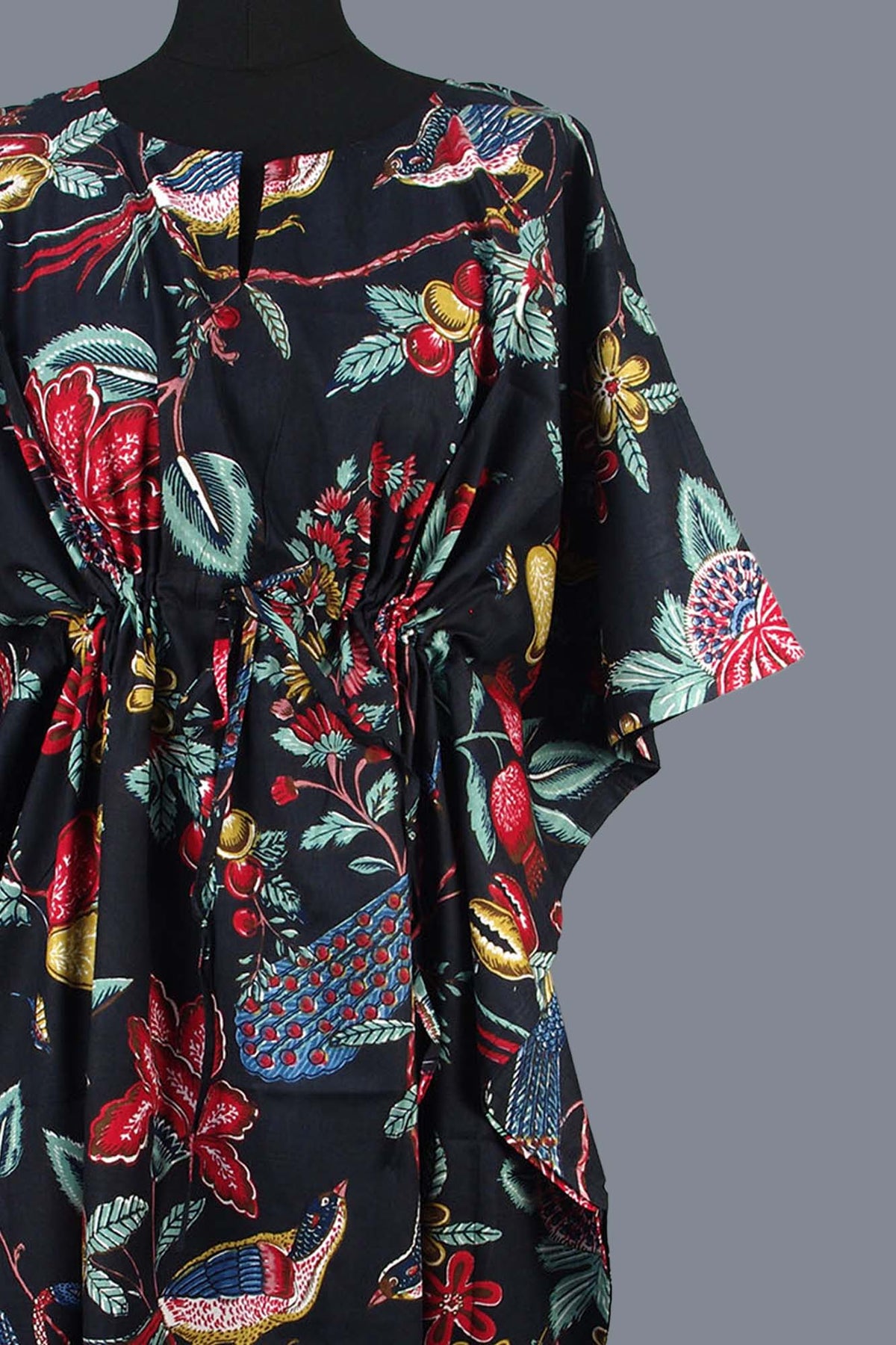 Cotton Long Kaftan - Peacock Prints On Black