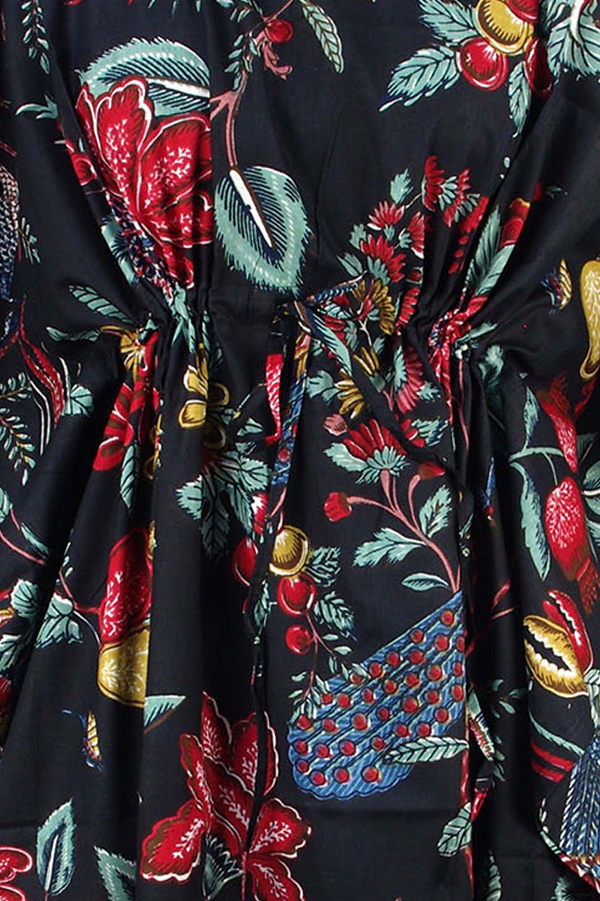 Cotton Long Kaftan - Peacock Prints On Black