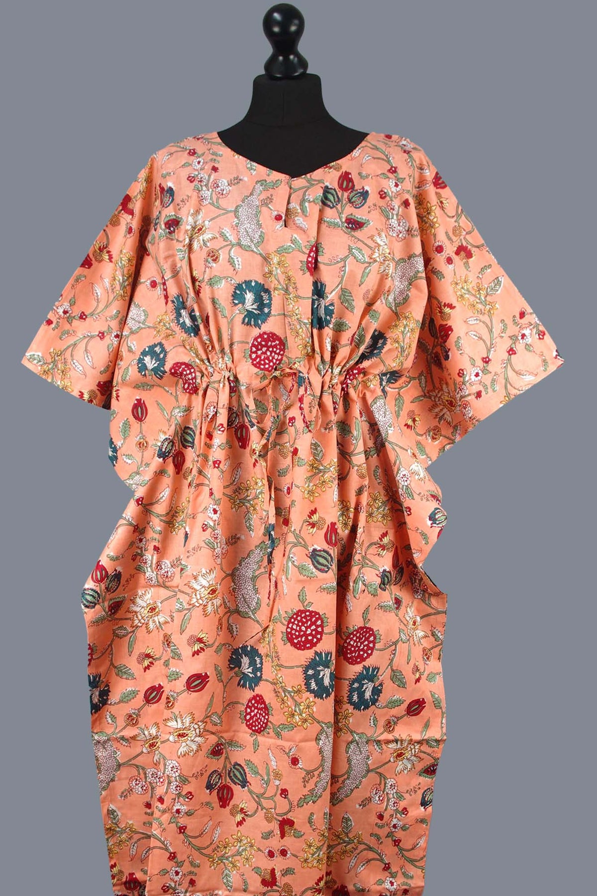 Cotton Long Kaftan - Floral Jaal On Peach