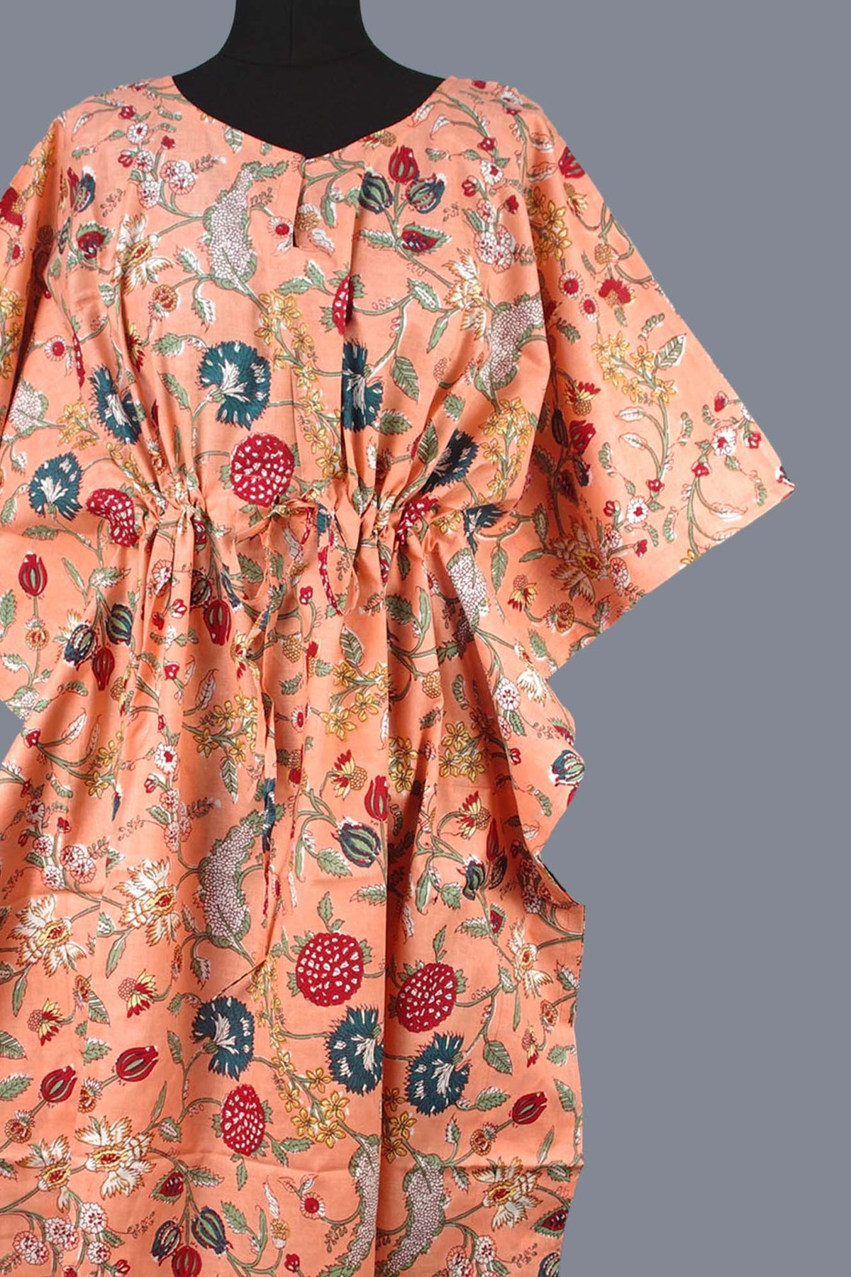 Cotton Long Kaftan - Floral Jaal On Peach