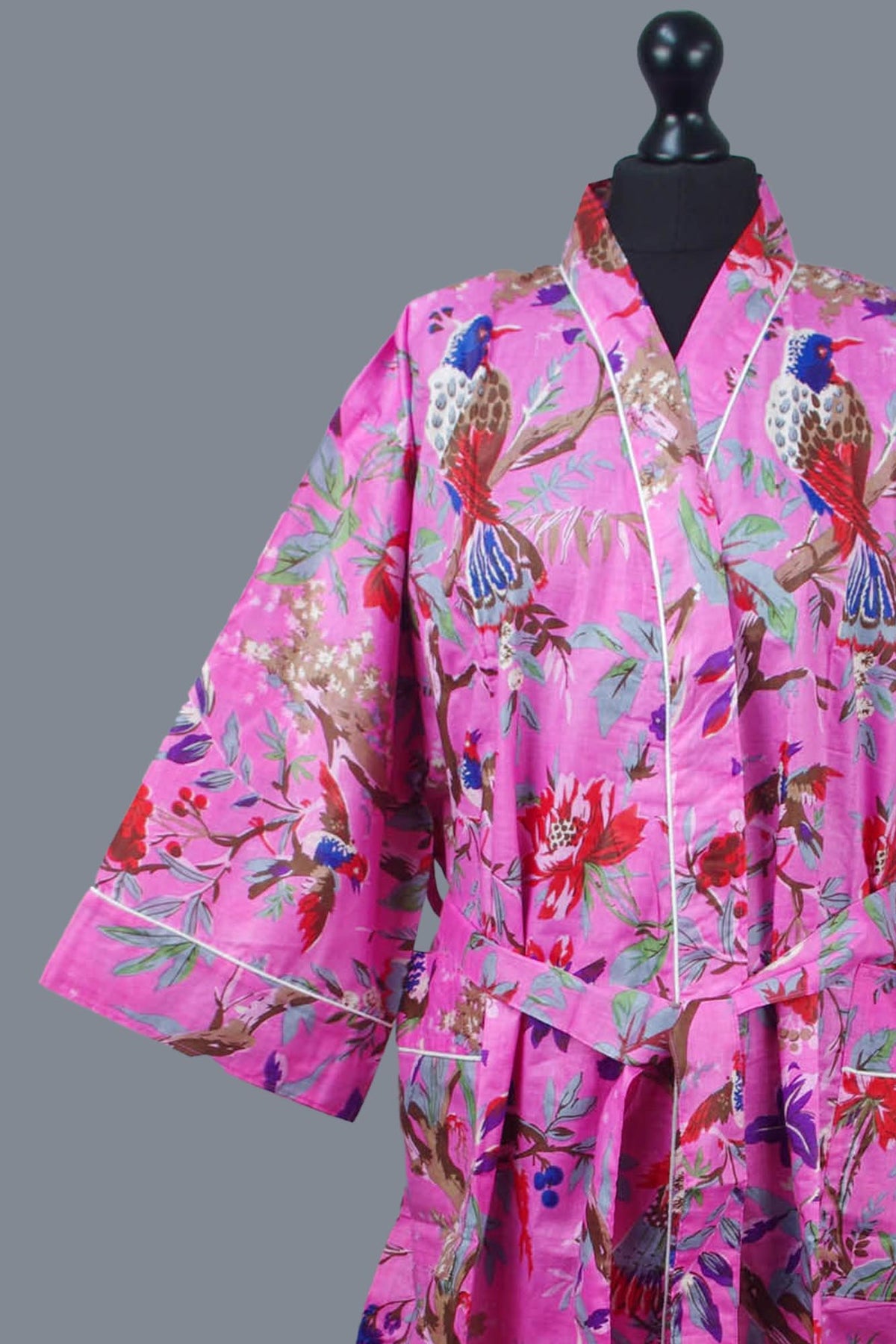 Pink Tropical Birds Print Cotton Kimono Dressing Gown