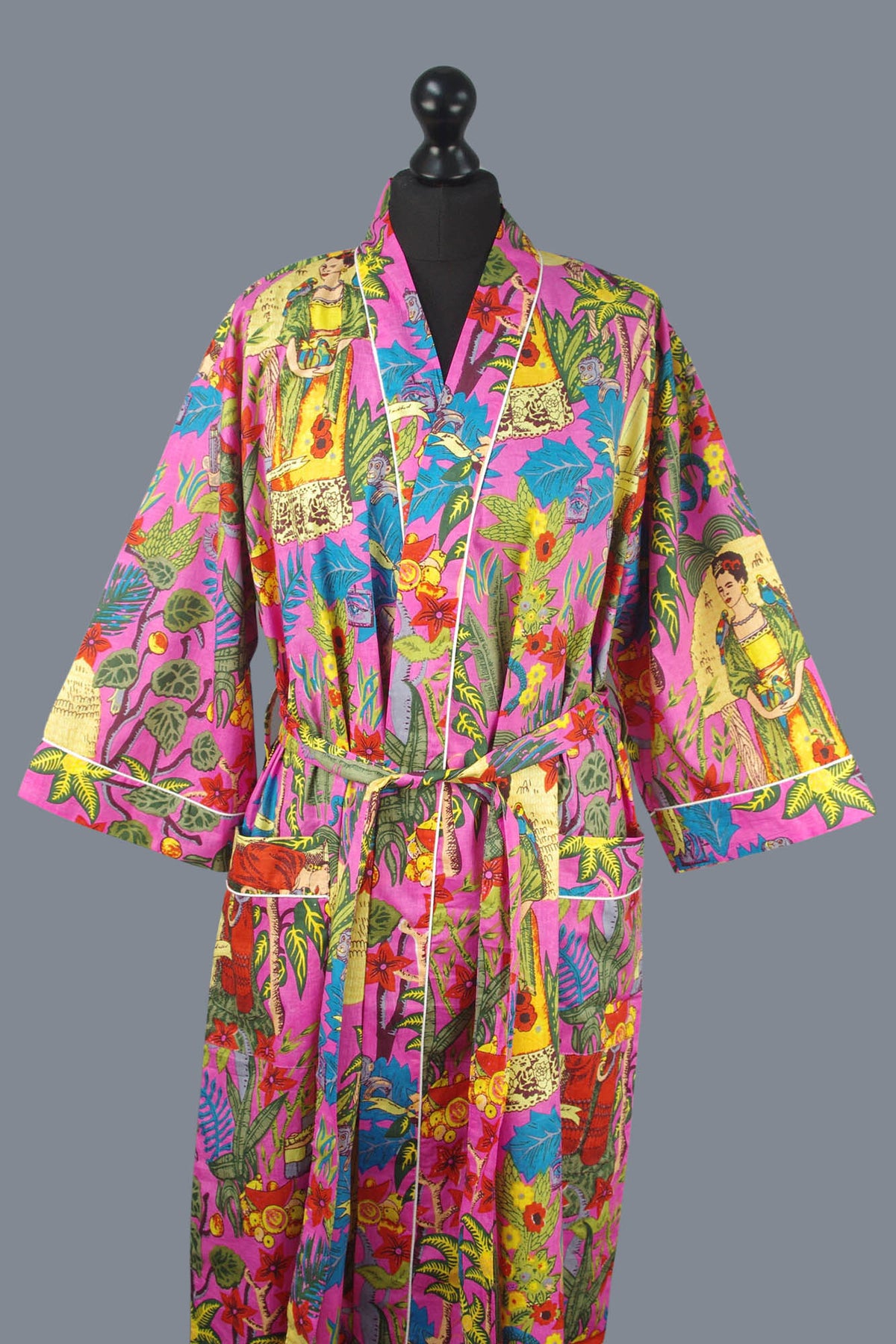 Pink Frida Kahlo Floral Print Cotton Kimono Dressing Gown