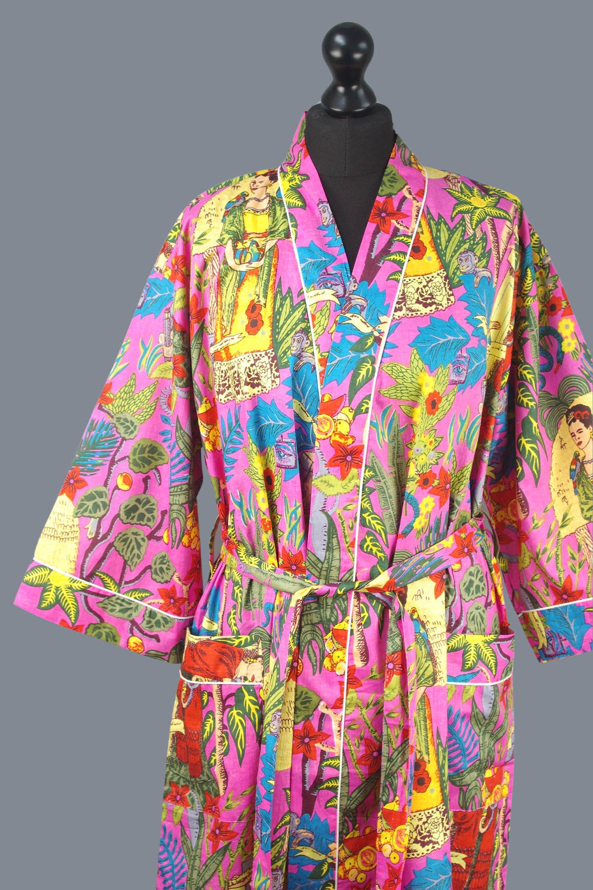 Pink Frida Kahlo Floral Print Cotton Kimono Dressing Gown