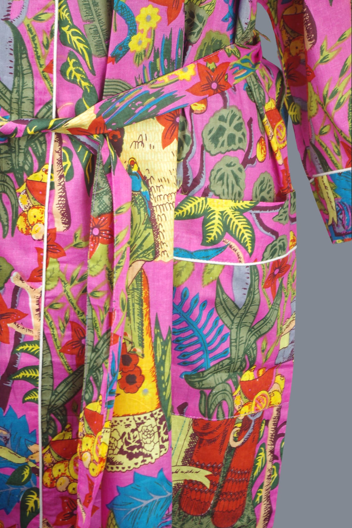 Pink Frida Kahlo Floral Print Cotton Kimono Dressing Gown