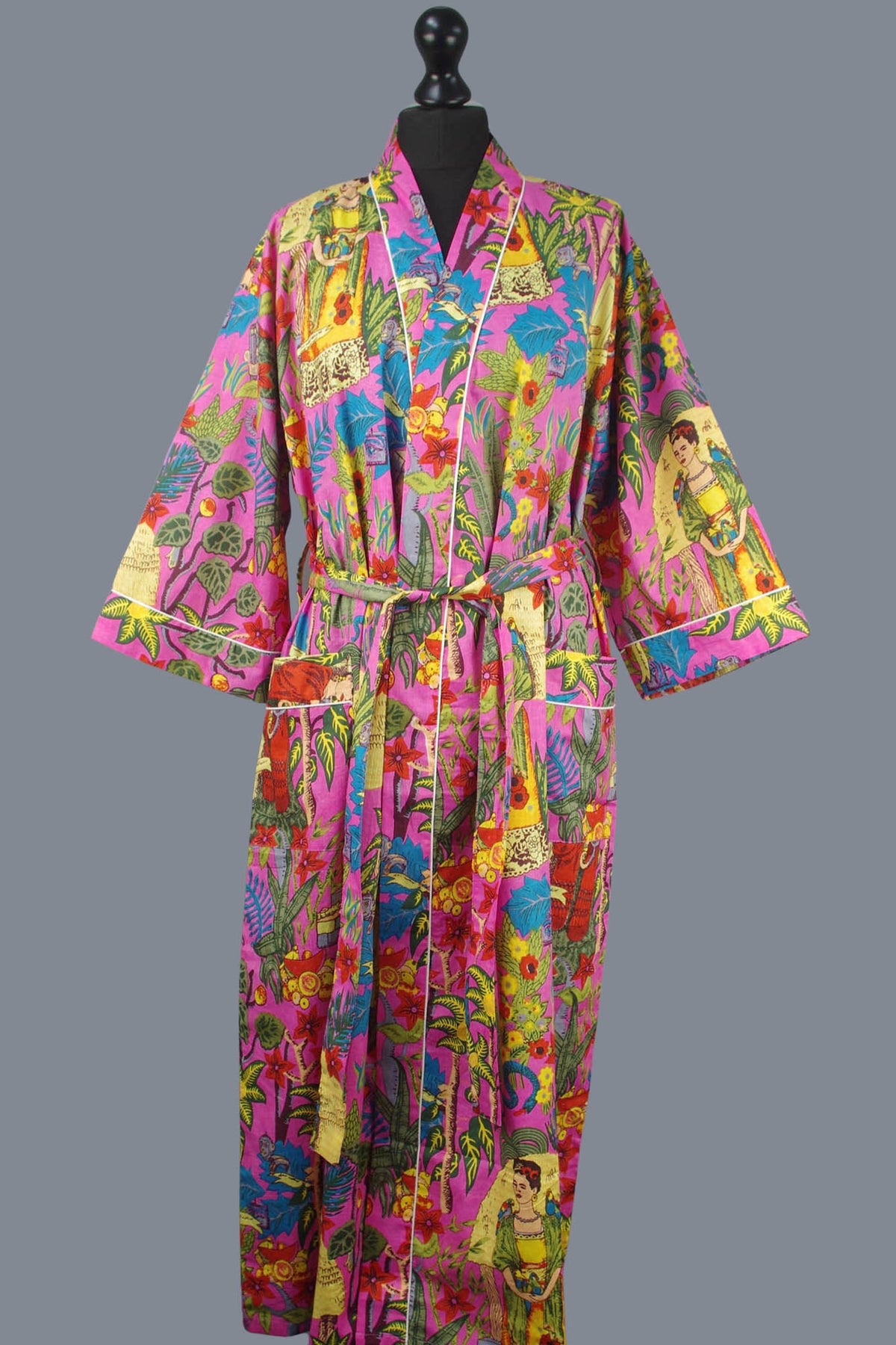 Pink Frida Kahlo Floral Print Cotton Kimono Dressing Gown