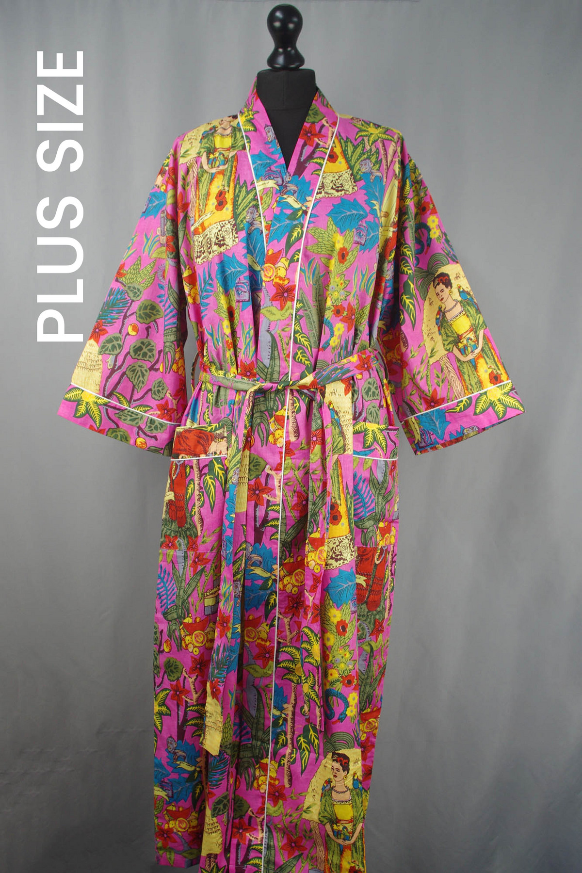 Plus Size Pink Frida Kahlo Floral Print Cotton Kimono Dressing Gown