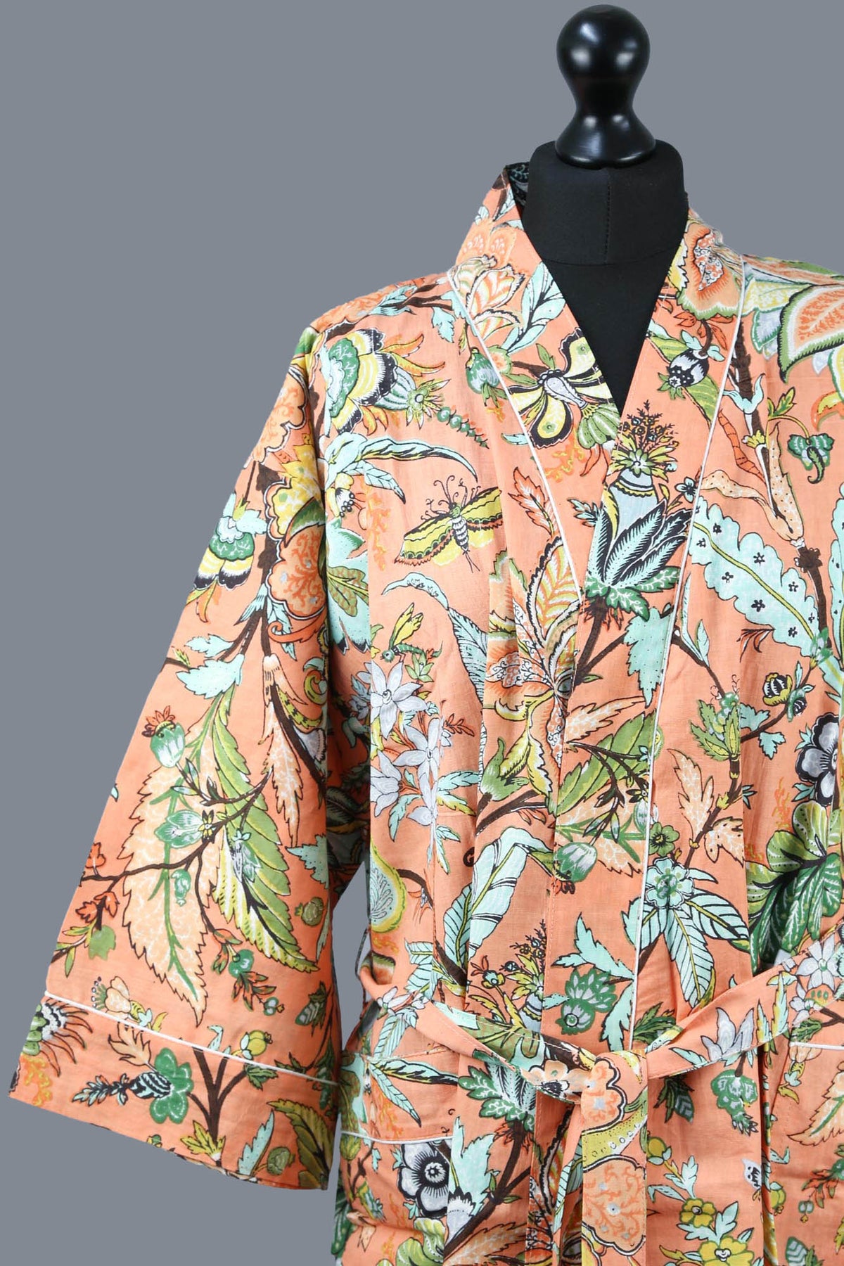 Tropical Forest On Peach Orange Base Cotton Kimono Dressing Gown