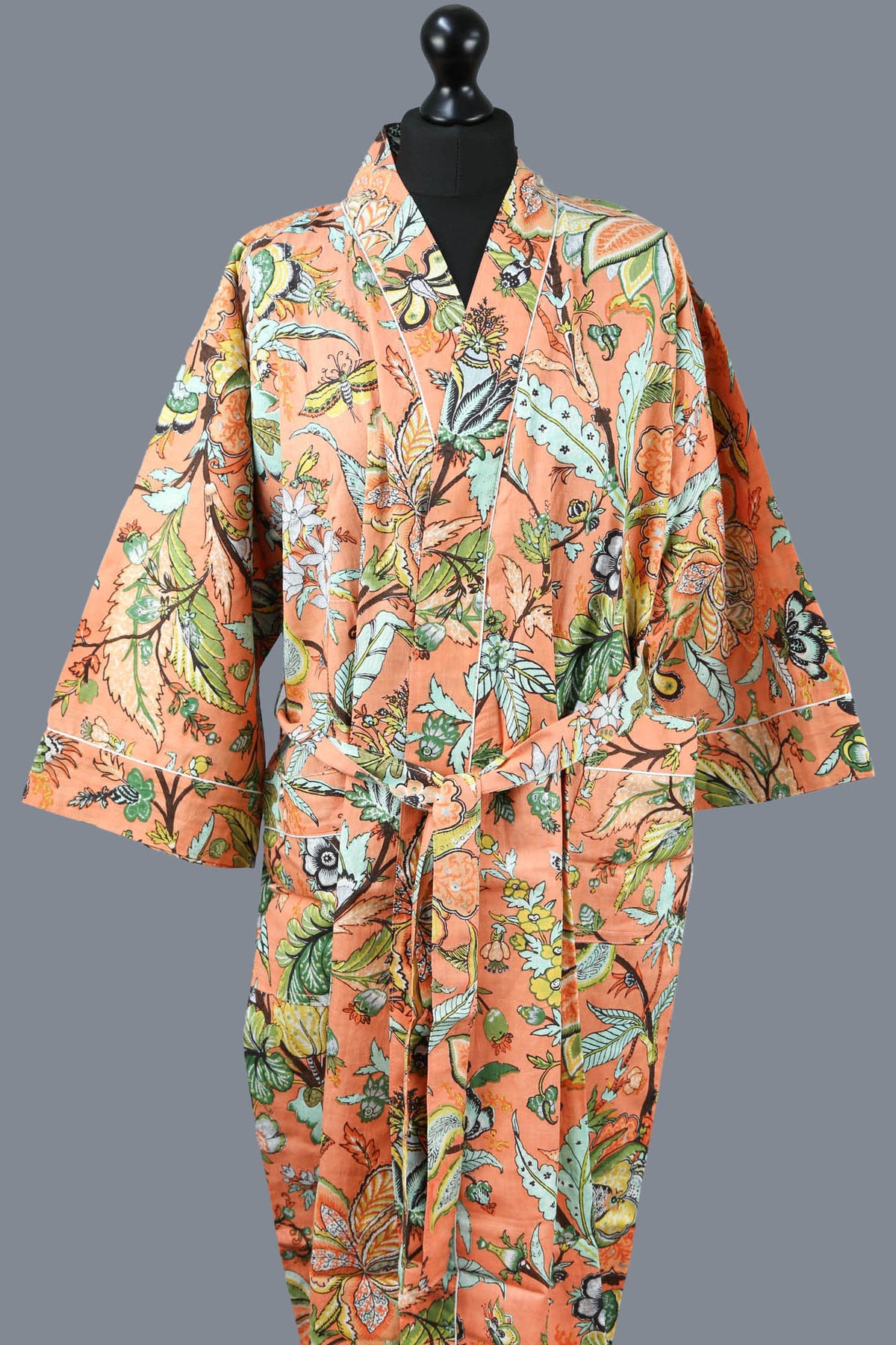 Tropical Forest On Peach Orange Base Cotton Kimono Dressing Gown