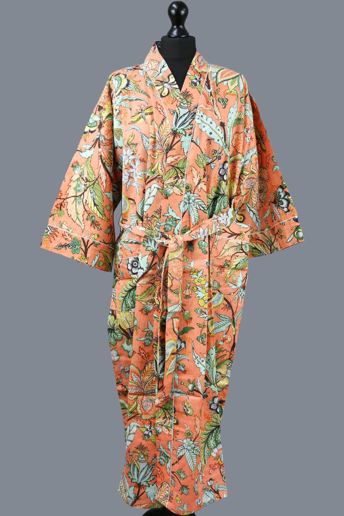 Tropical Forest On Peach Orange Base Cotton Kimono Dressing Gown