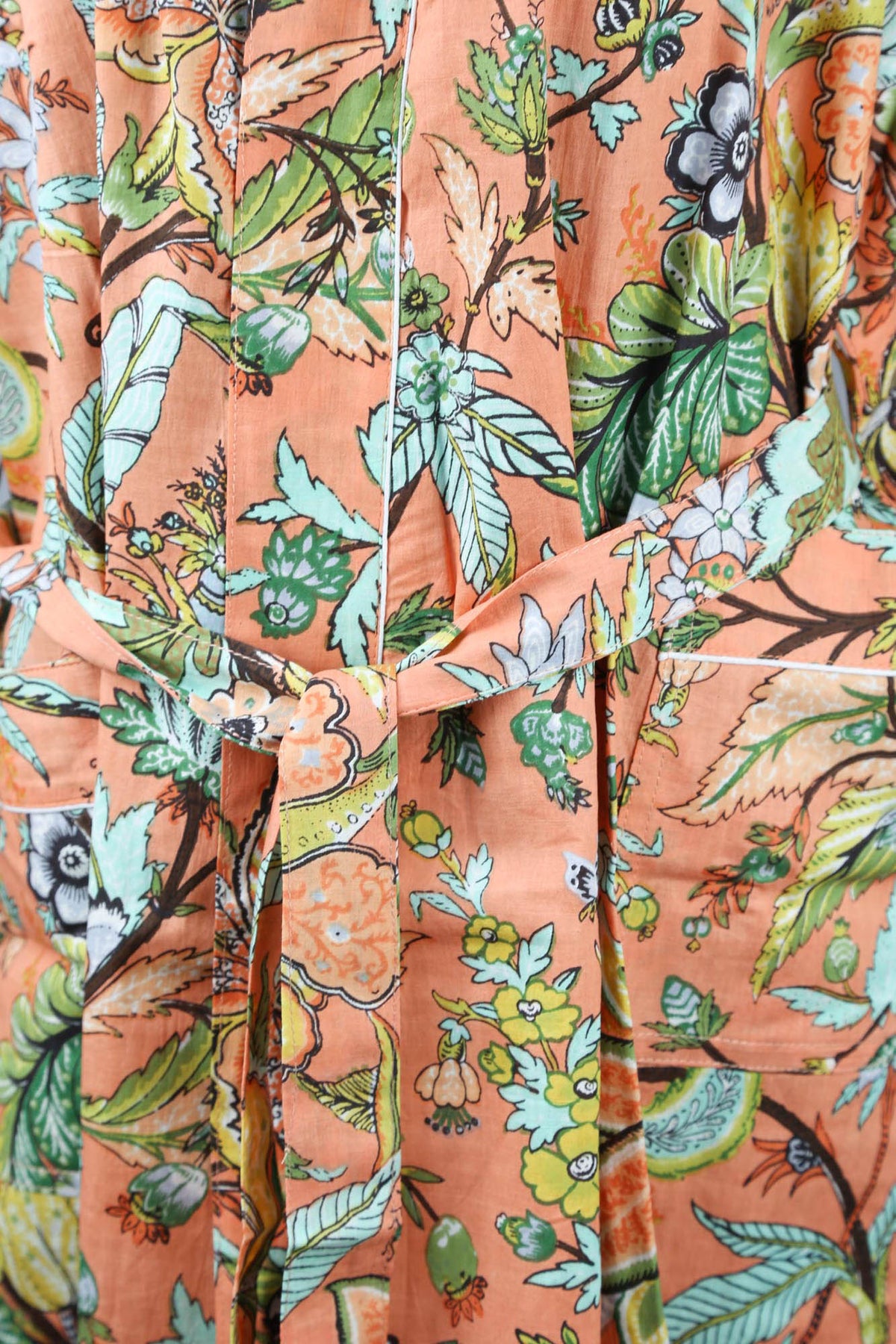 Tropical Forest On Peach Orange Base Cotton Kimono Dressing Gown