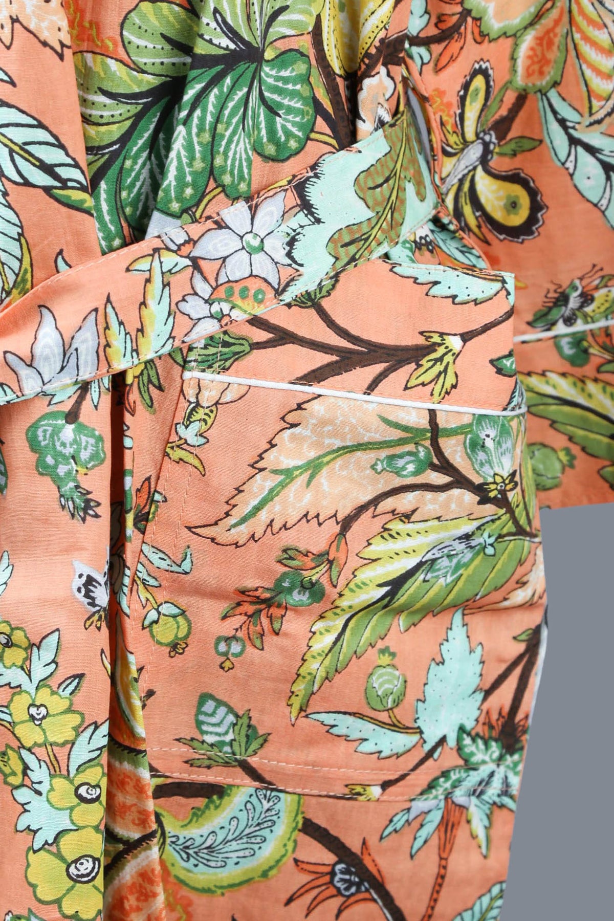 Tropical Forest On Peach Orange Base Cotton Kimono Dressing Gown