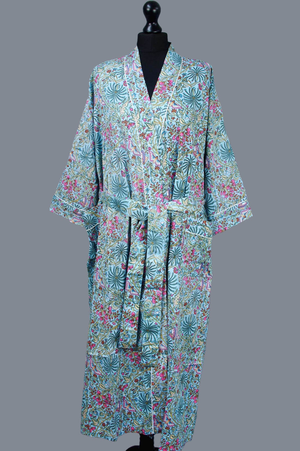 Kimono-Morgenmantel aus blauer, türkisfarbener Baumwolle mit Palmen- und Blumenmuster