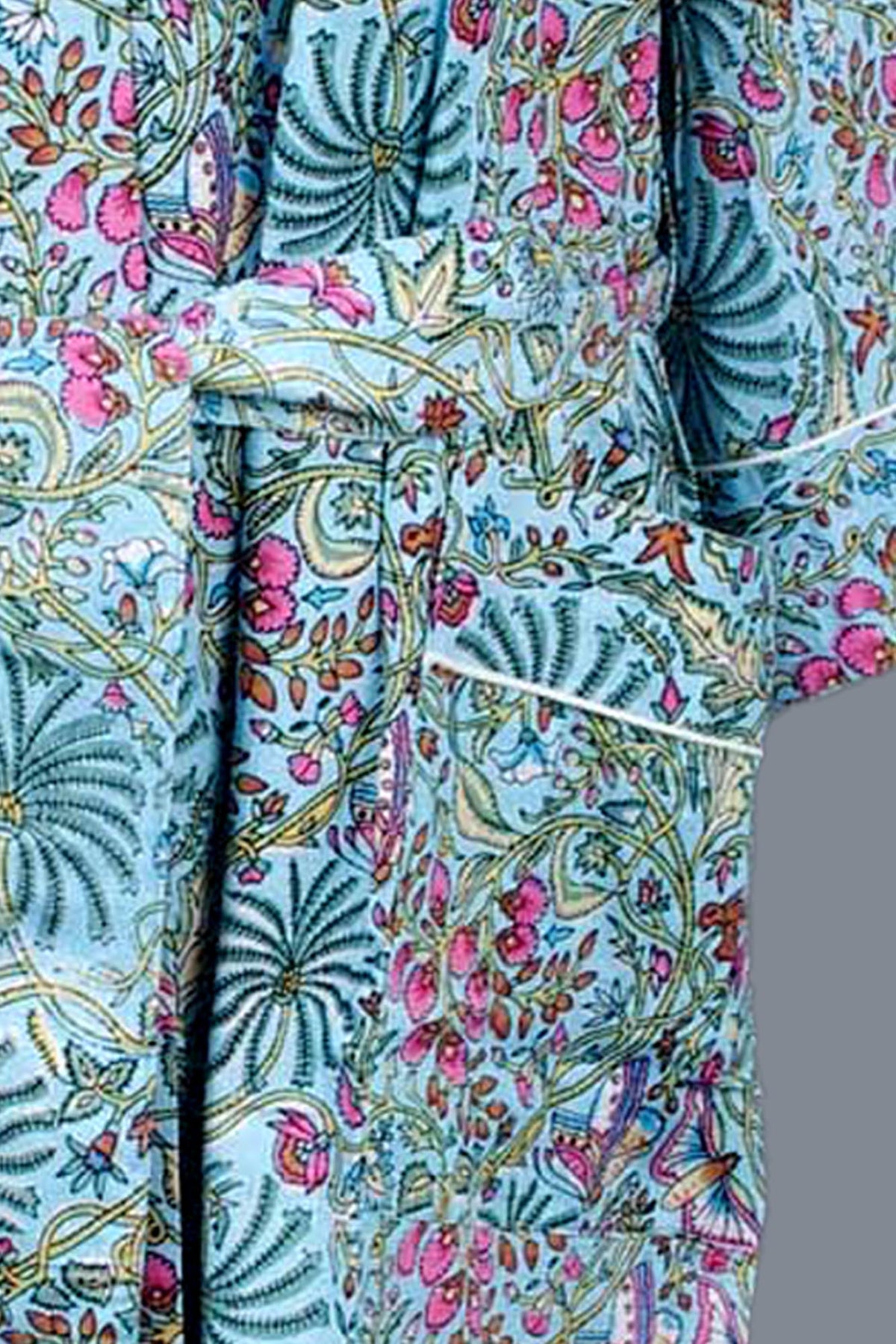 Kimono-Morgenmantel aus blauer, türkisfarbener Baumwolle mit Palmen- und Blumenmuster