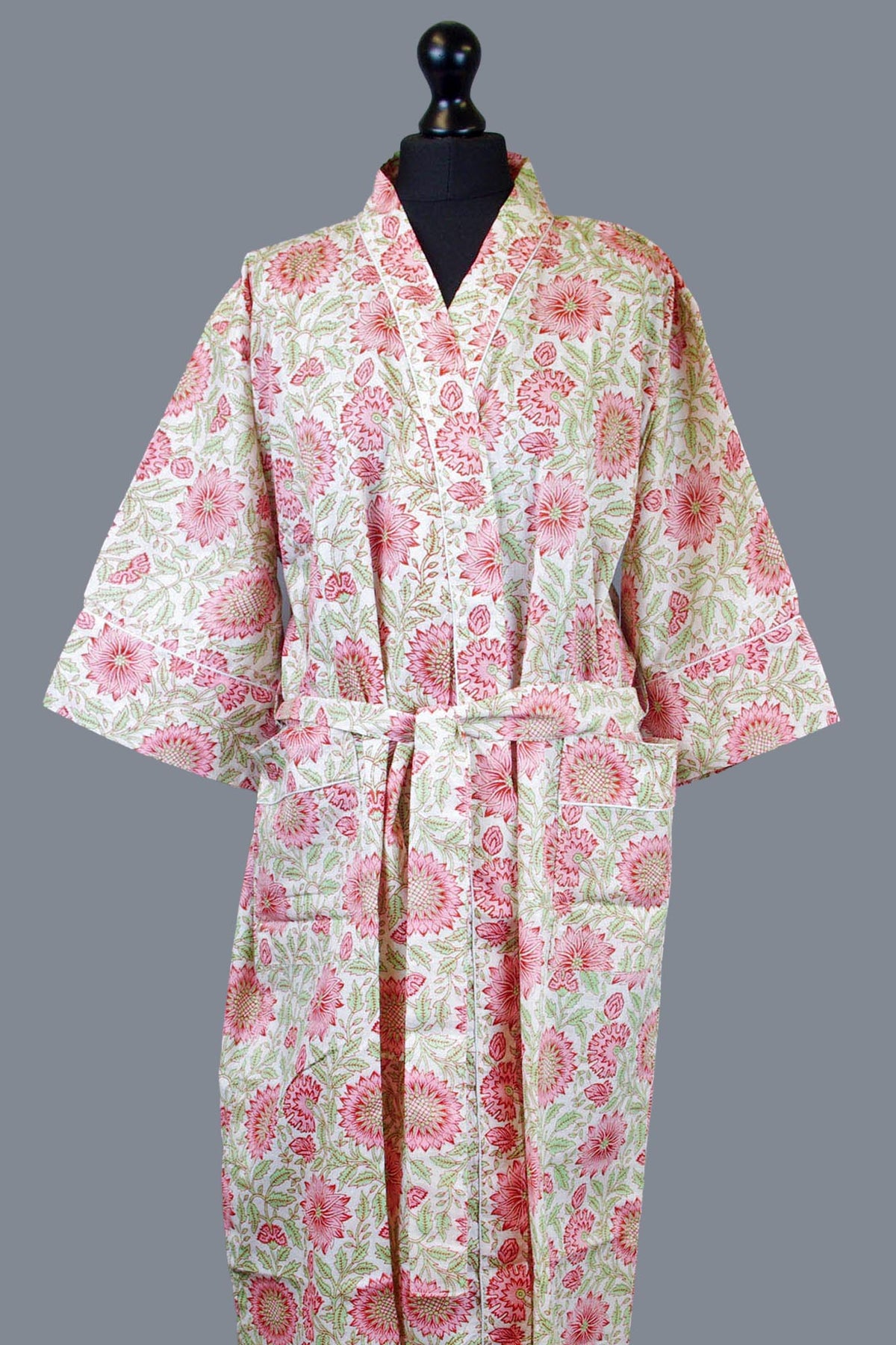 Pink Sunflowers On Light Cream Base Cotton Kimono Dressing Gown