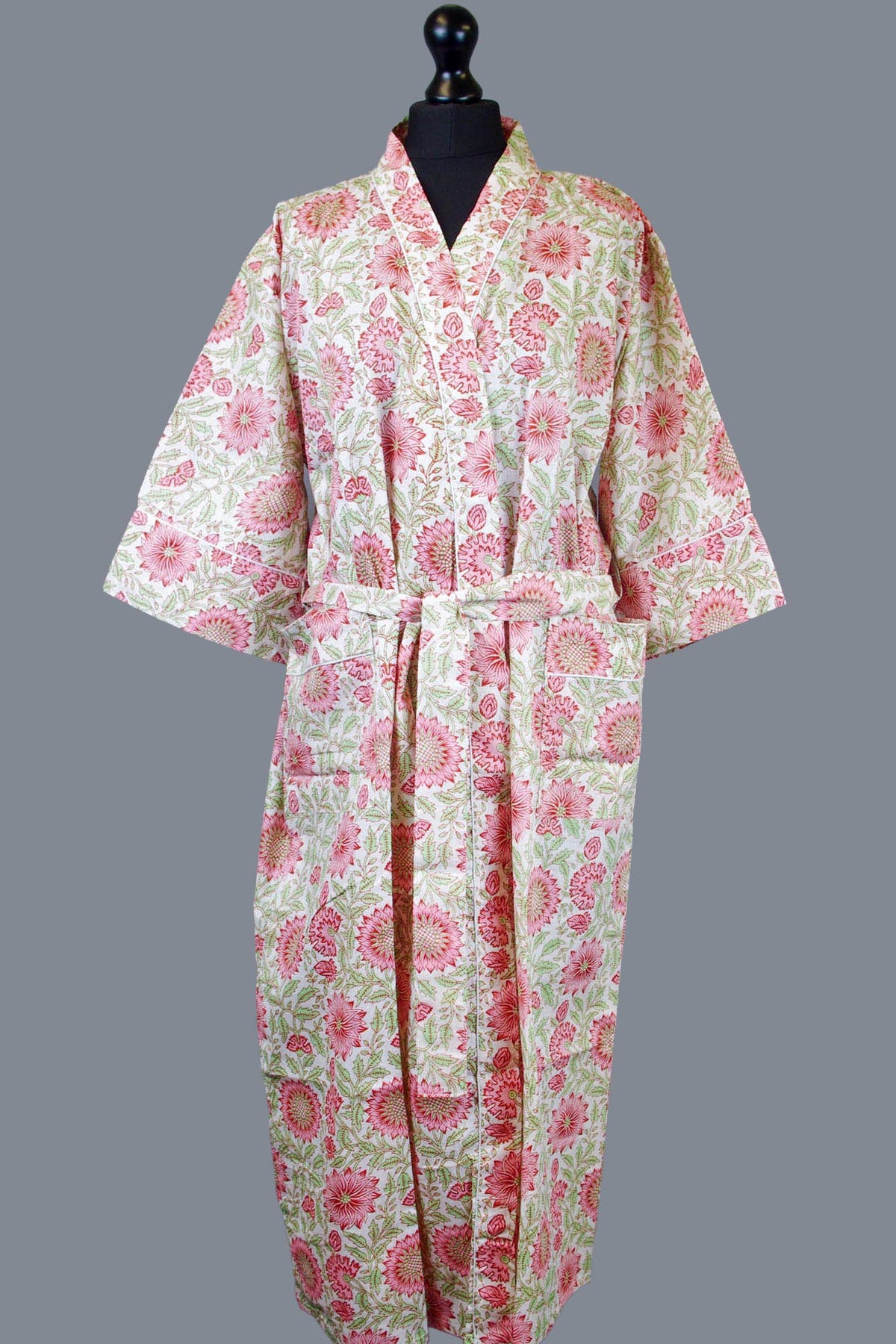 Pink Sunflowers On Light Cream Base Cotton Kimono Dressing Gown