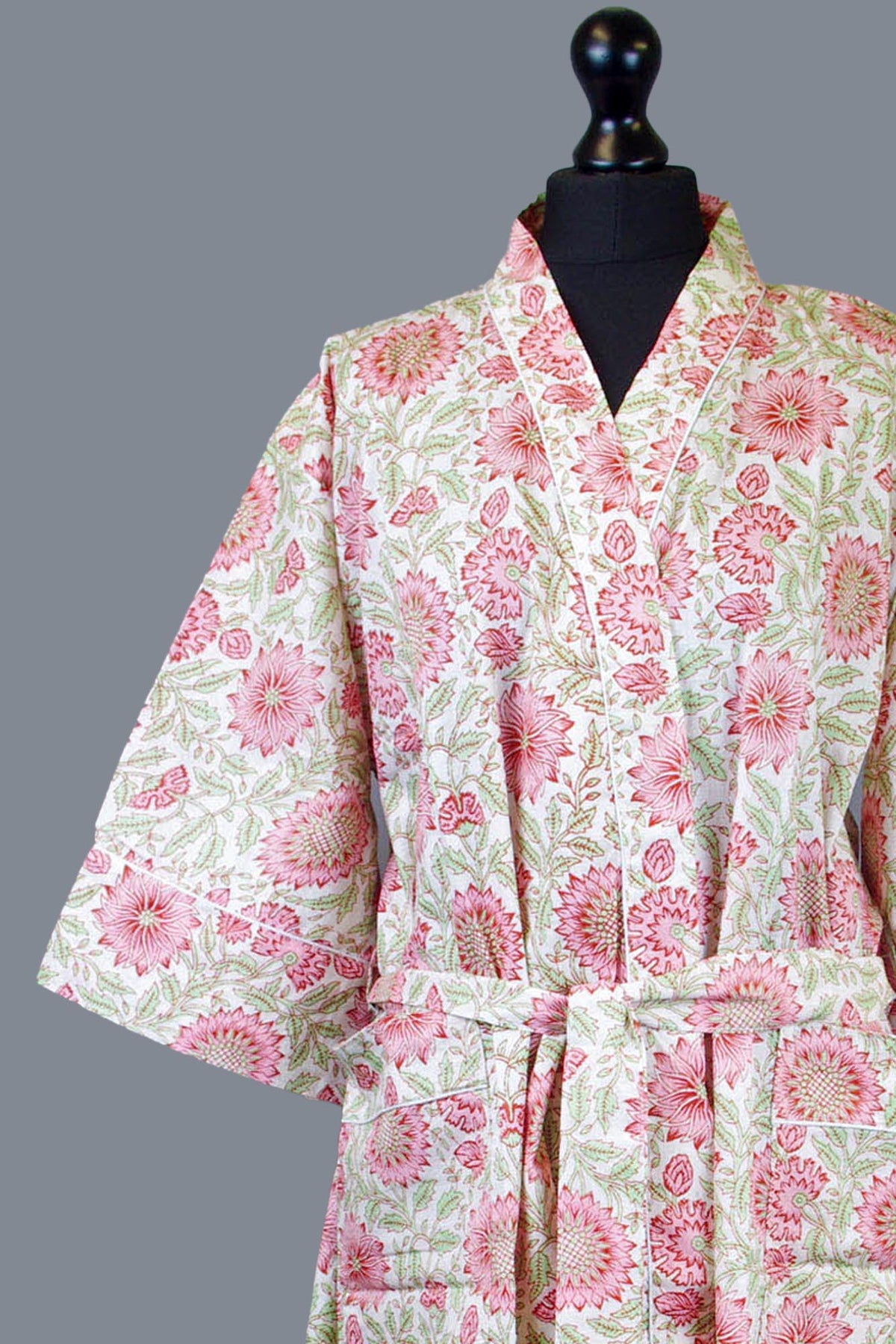 Pink Sunflowers On Light Cream Base Cotton Kimono Dressing Gown