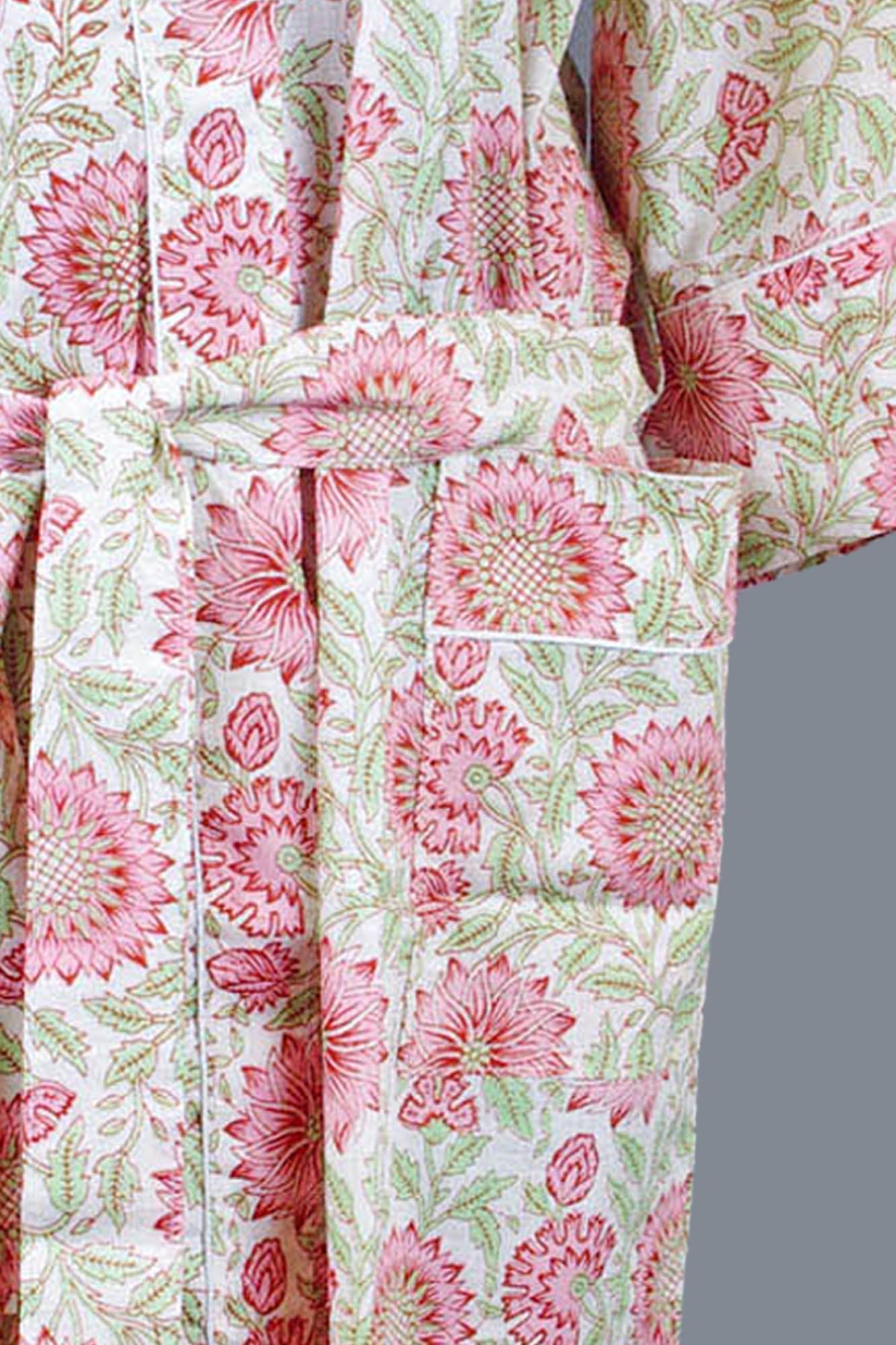 Pink Sunflowers On Light Cream Base Cotton Kimono Dressing Gown