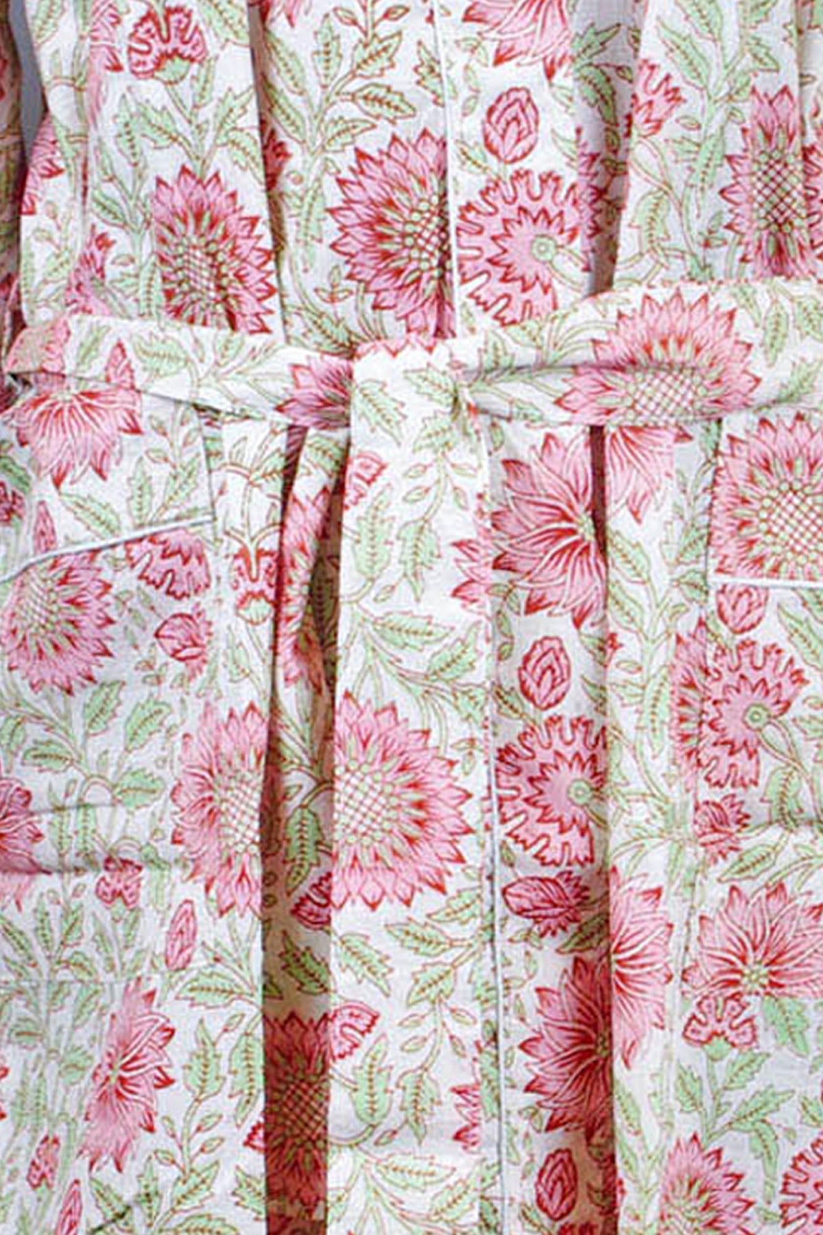 Pink Sunflowers On Light Cream Base Cotton Kimono Dressing Gown