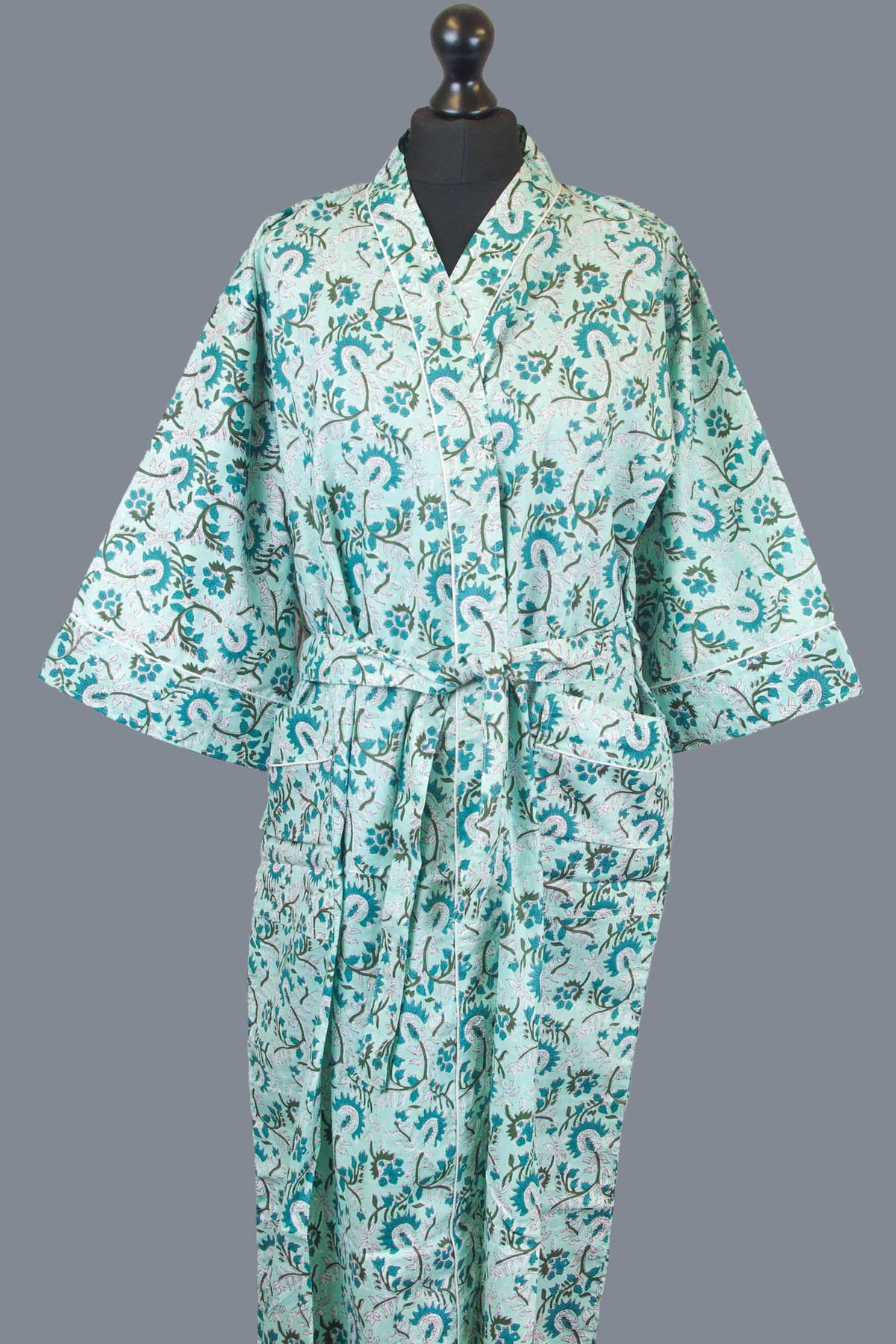 Light Teal Floral Cotton Kimono Dressing Gown