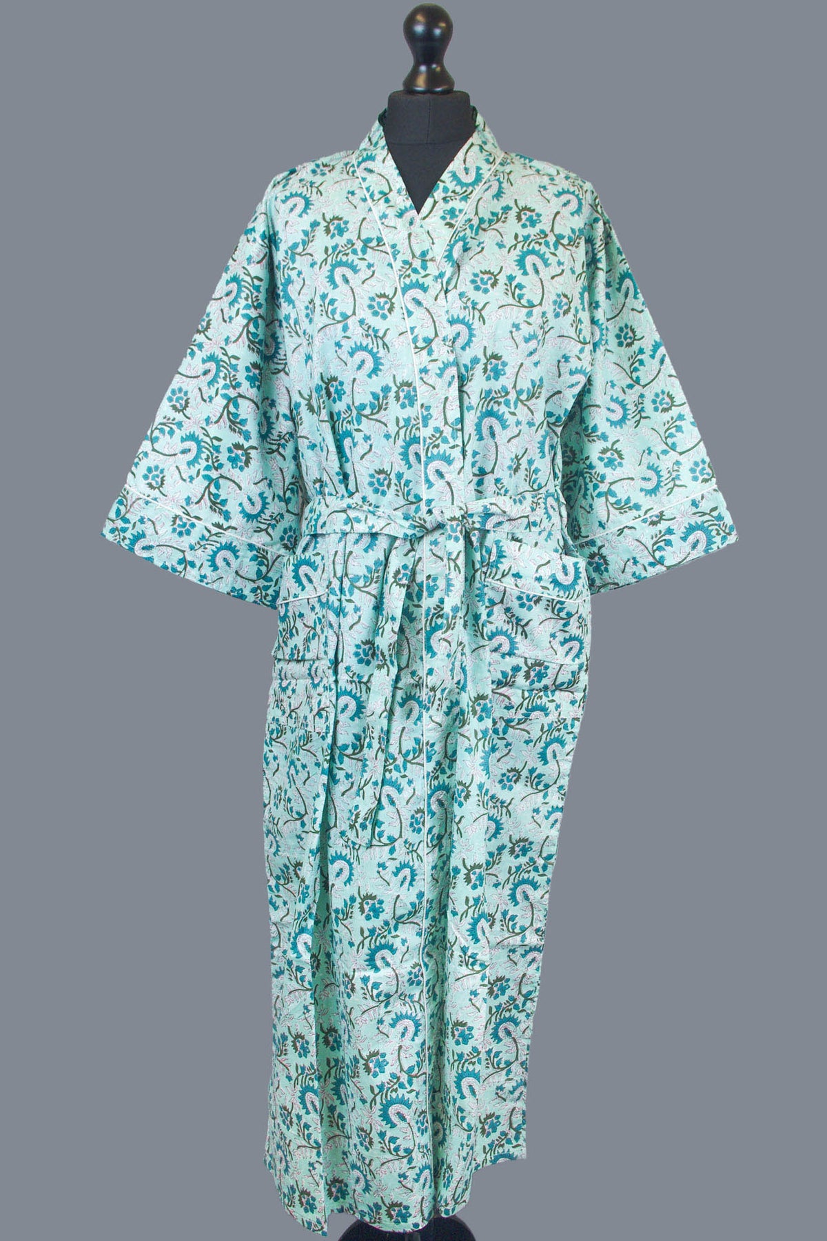 Light Teal Floral Cotton Kimono Dressing Gown