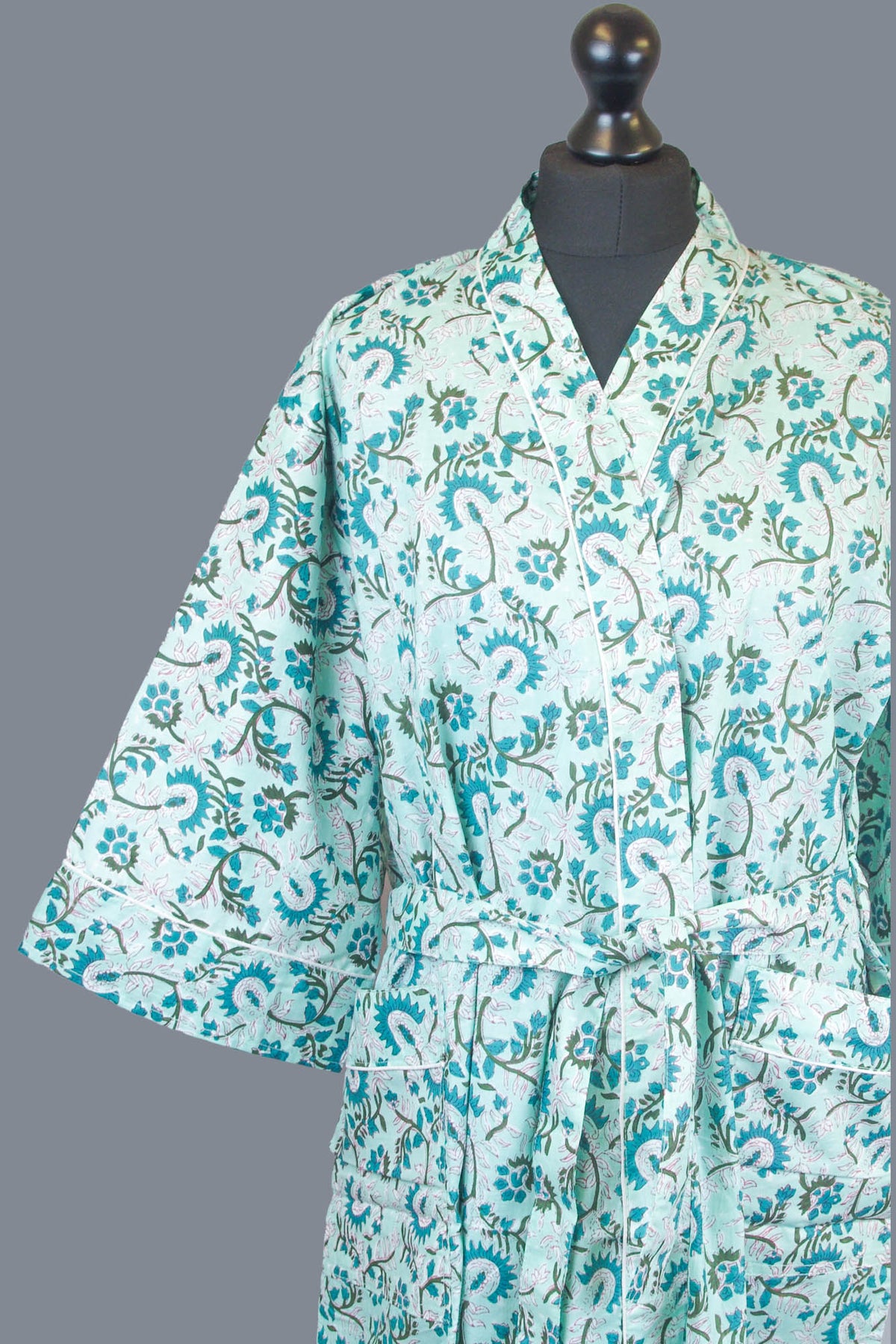 Light Teal Floral Cotton Kimono Dressing Gown