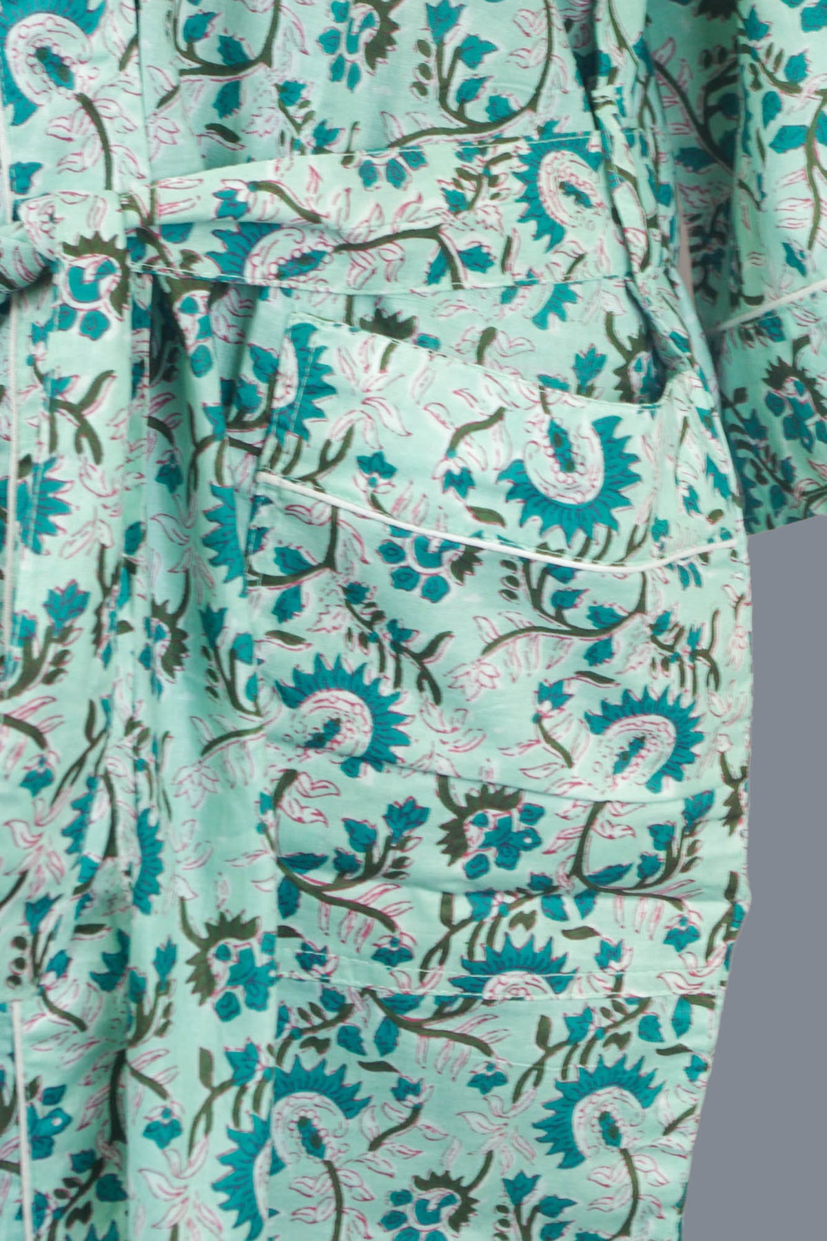 Light Teal Floral Cotton Kimono Dressing Gown