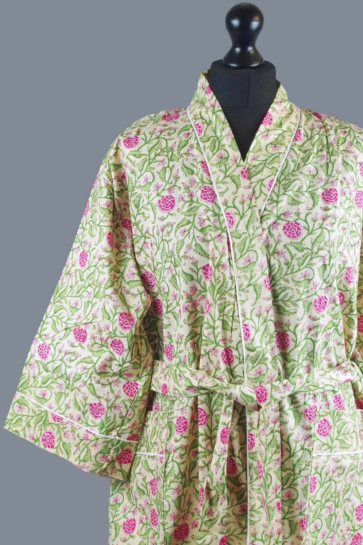 Pink Floral On Beige Background Cotton Kimono Dressing Gown