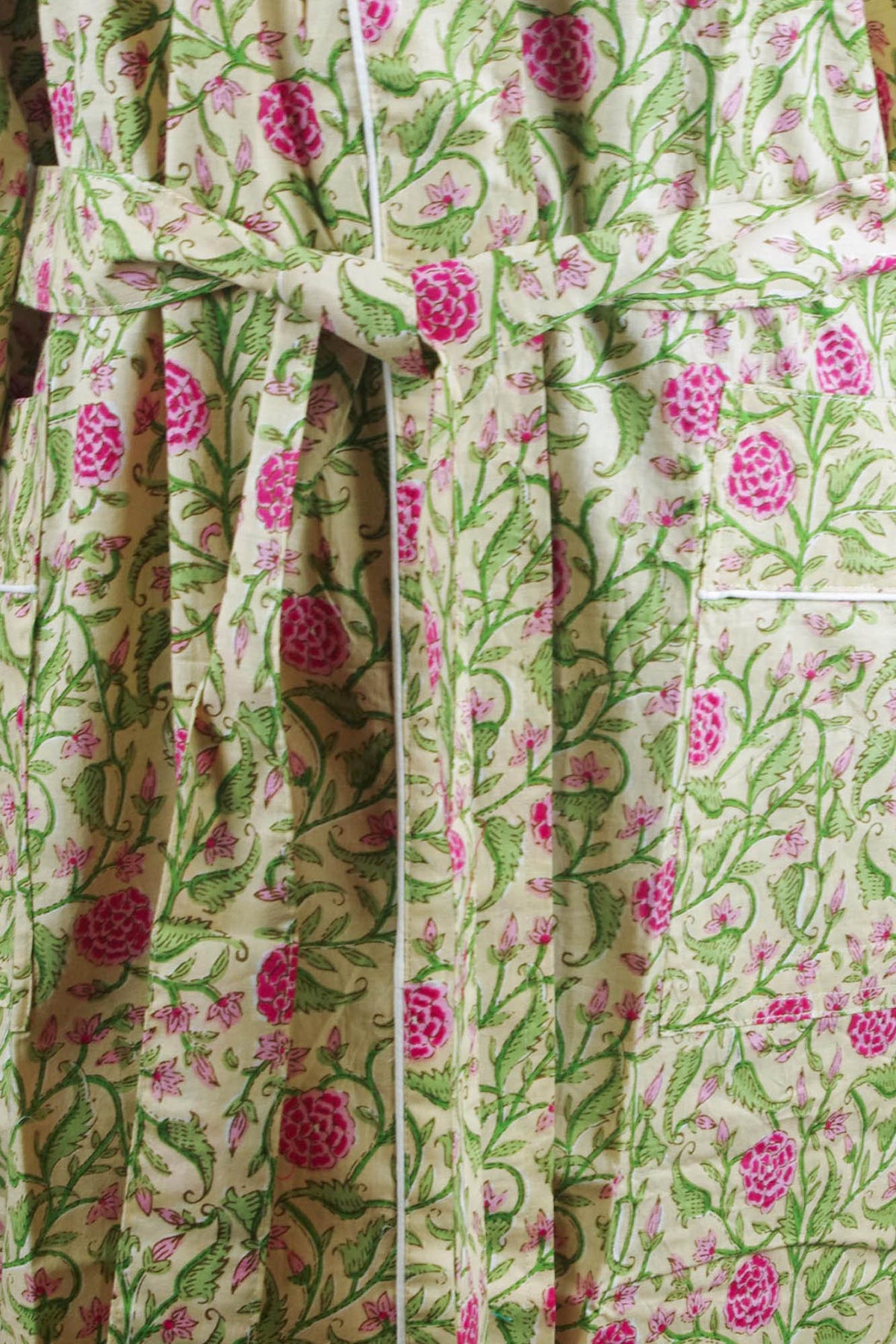 Pink Floral On Beige Background Cotton Kimono Dressing Gown
