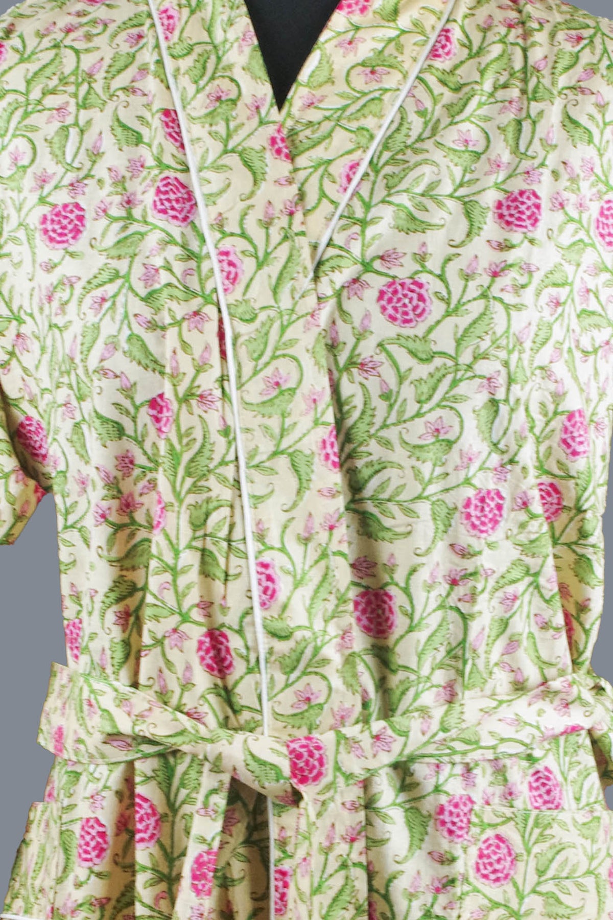 Pink Floral On Beige Background Cotton Kimono Dressing Gown